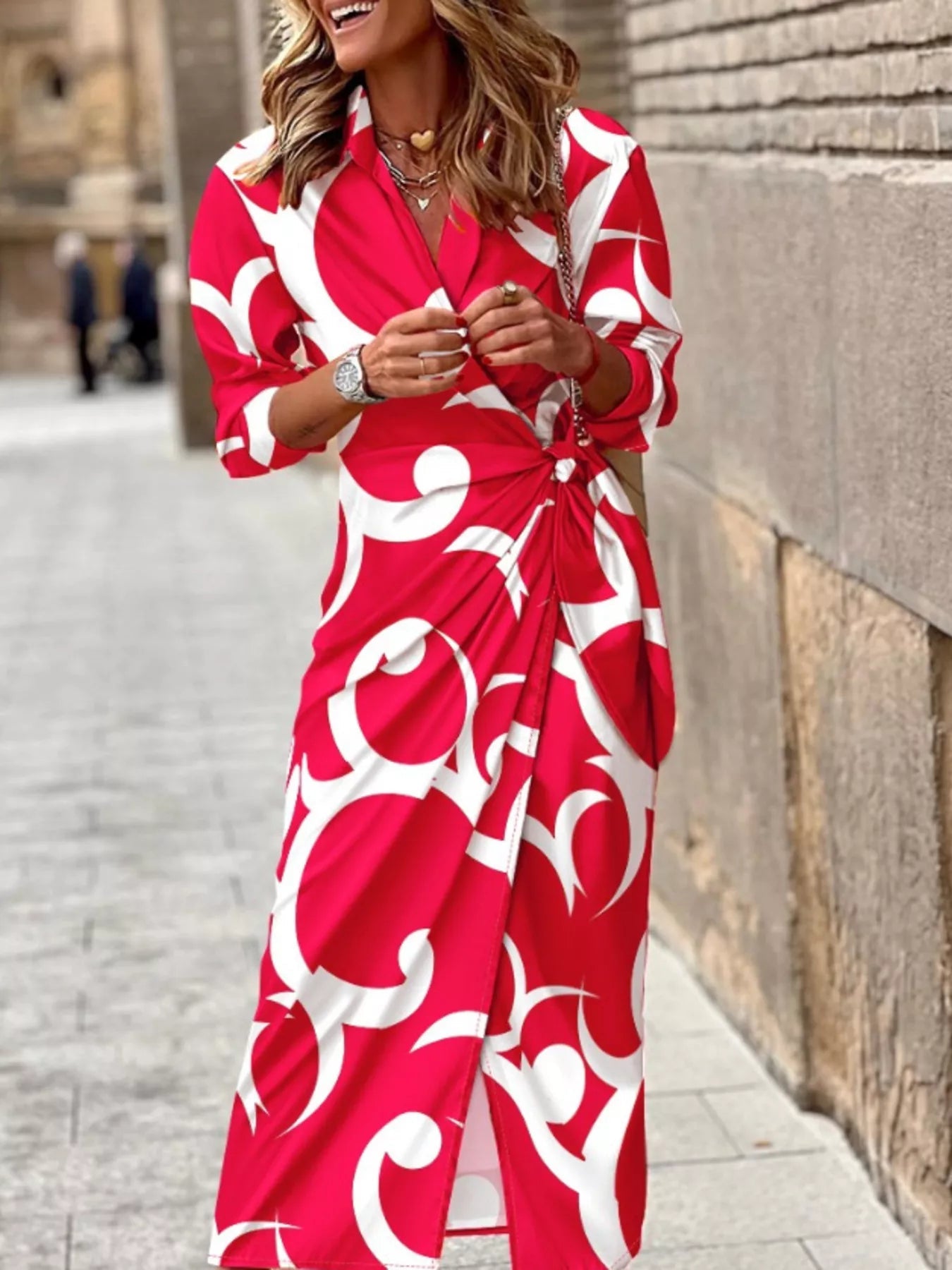 Printed Collared Neck Shirt Dress - Lara Moda