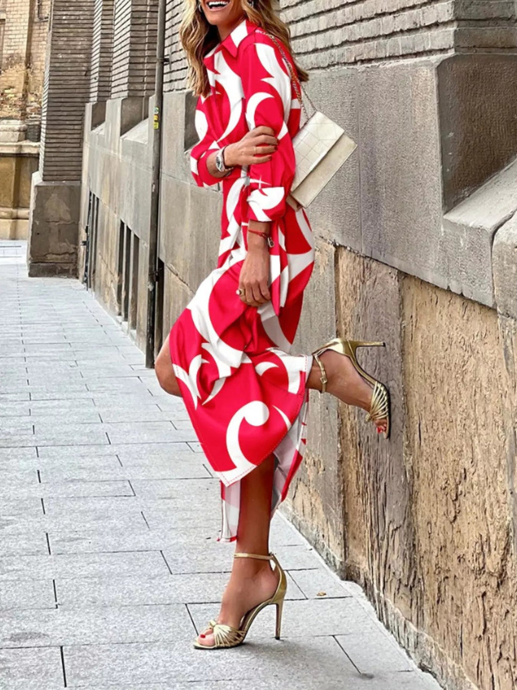 Printed Collared Neck Shirt Dress - Lara Moda