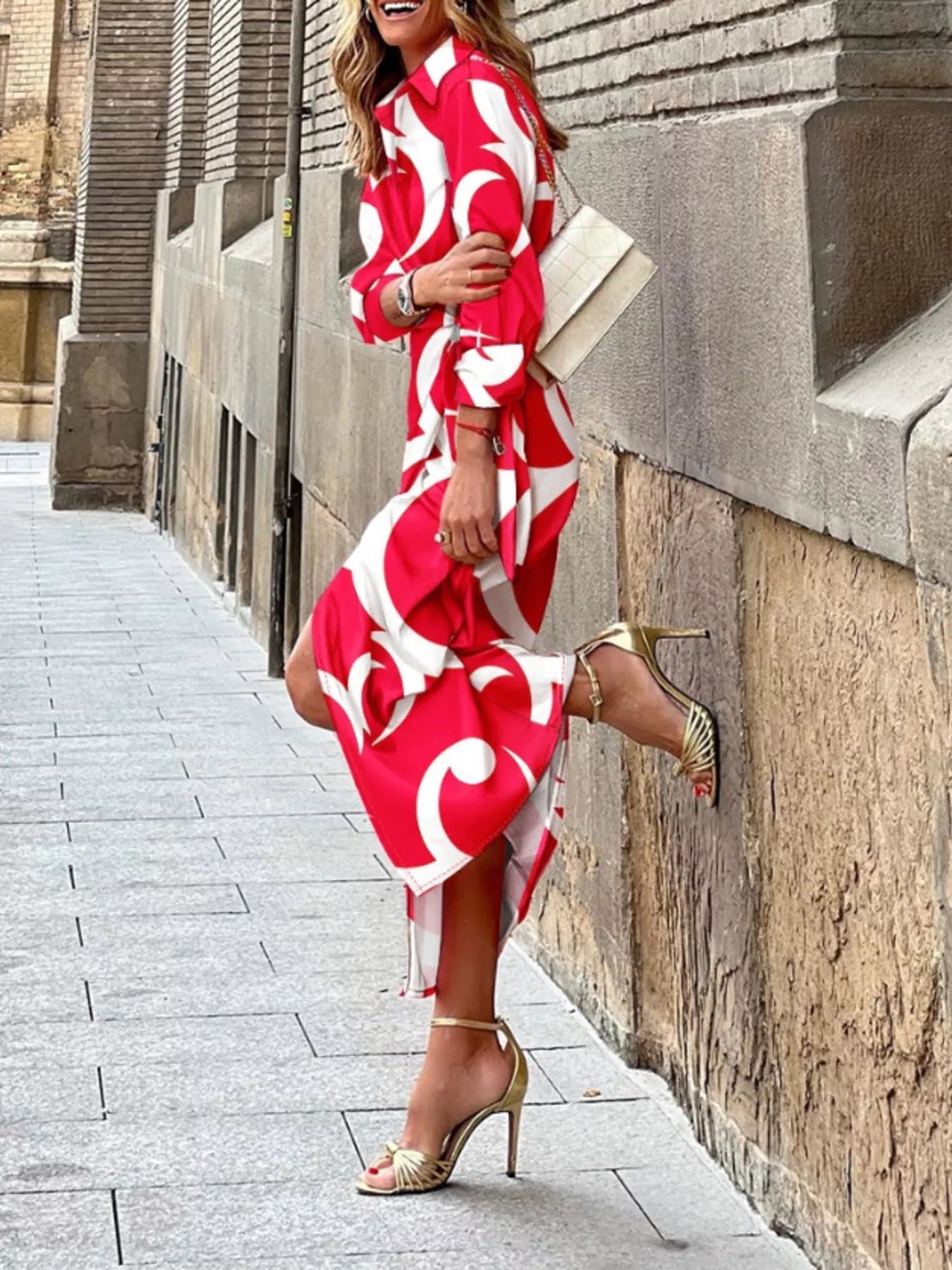 Printed Collared Neck Shirt Dress - Lara Moda