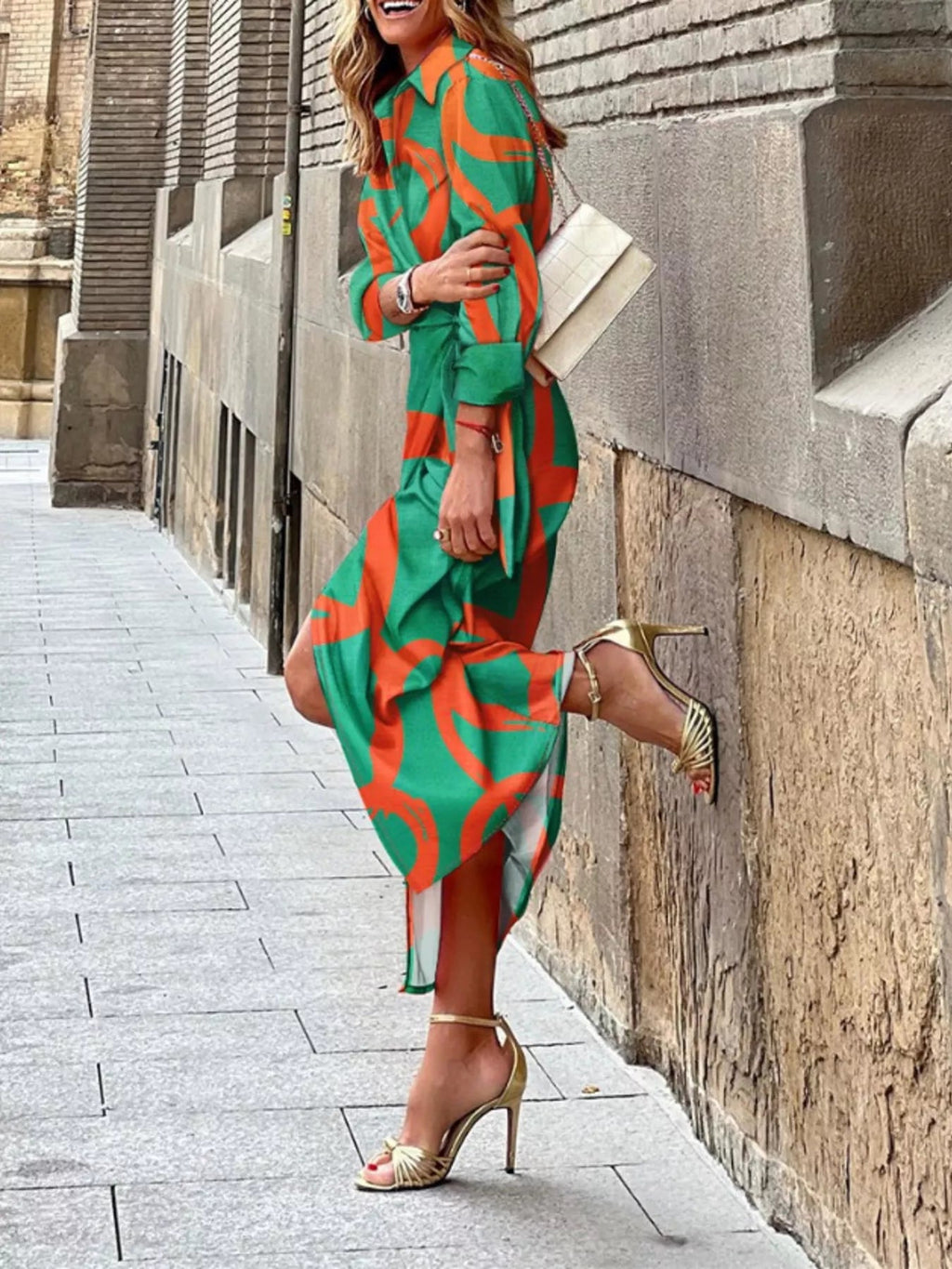 Printed Collared Neck Shirt Dress - Lara Moda