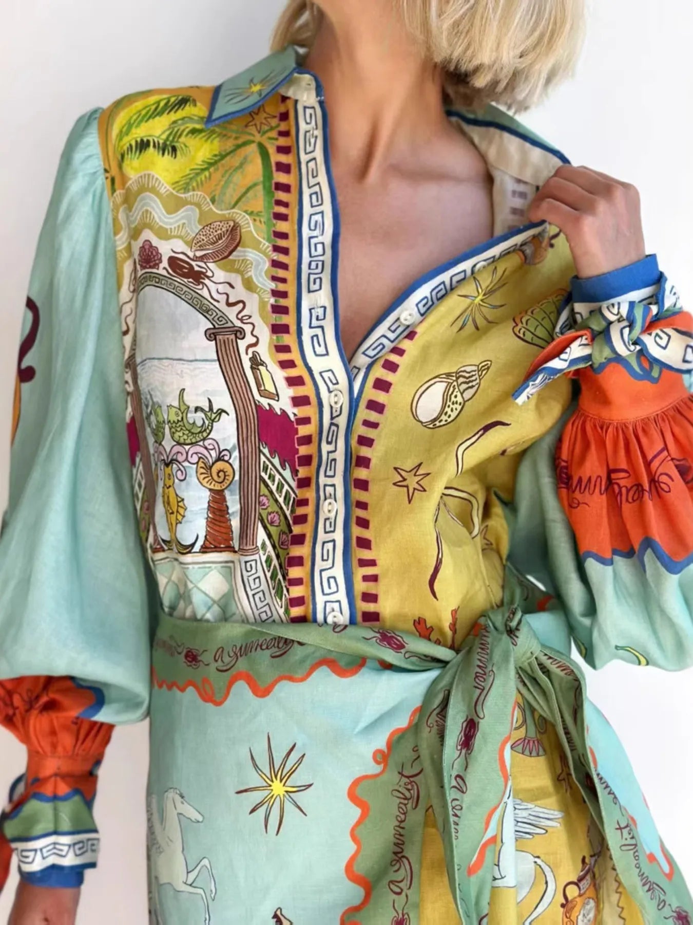Printed Long Sleeve Shirt Dress - Lara Moda