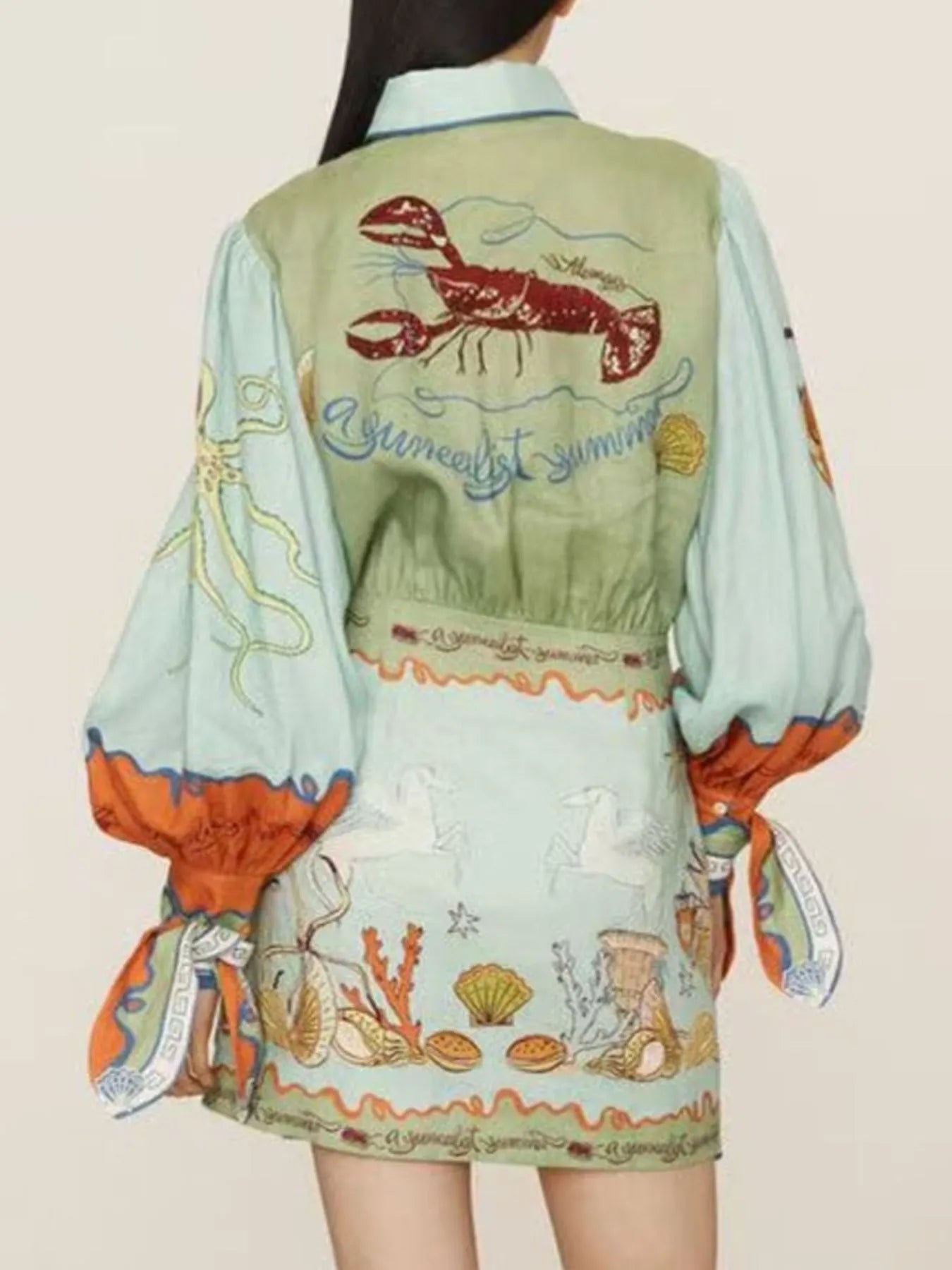 Printed Long Sleeve Shirt Dress - Lara Moda