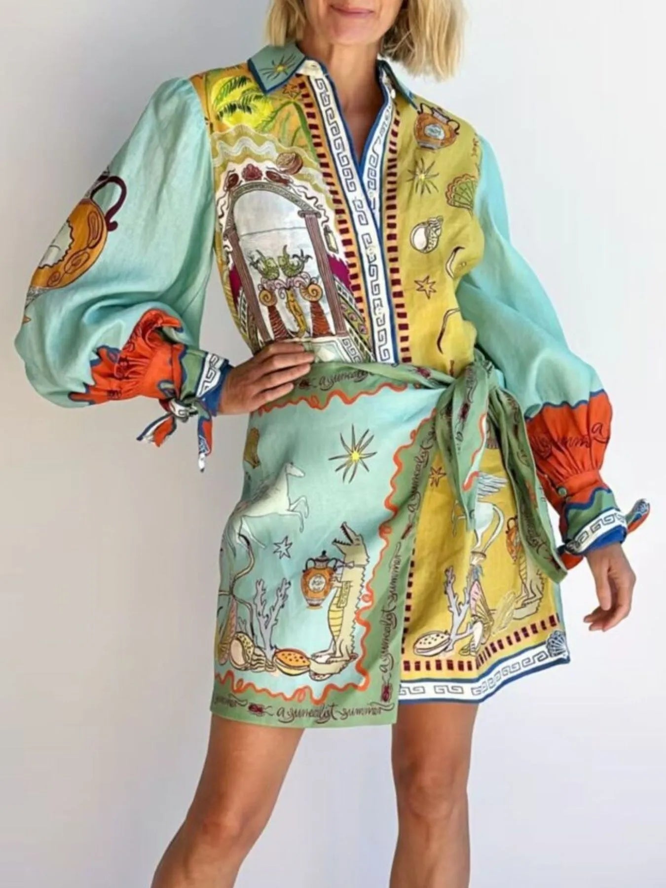 Printed Long Sleeve Shirt Dress - Lara Moda
