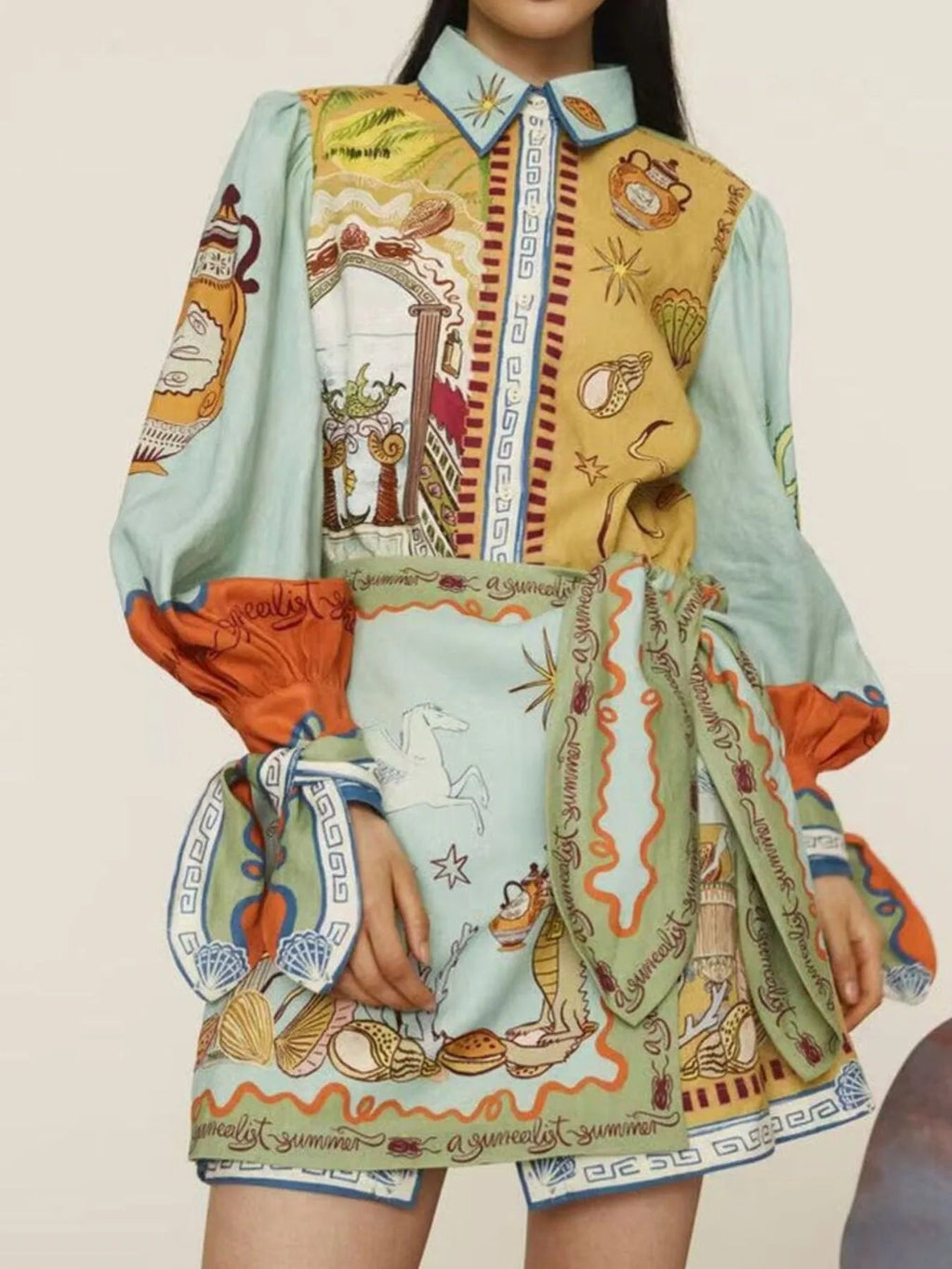 Printed Long Sleeve Shirt Dress - Lara Moda