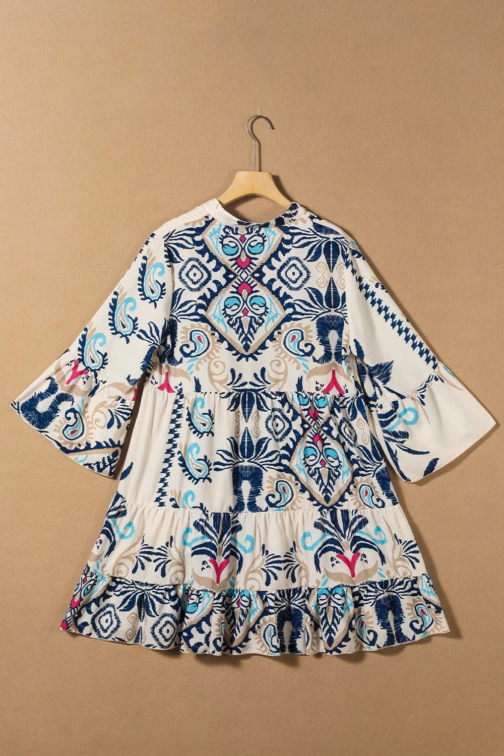 Printed Notched Three-Quarter Sleeve Mini Dress - Lara Moda