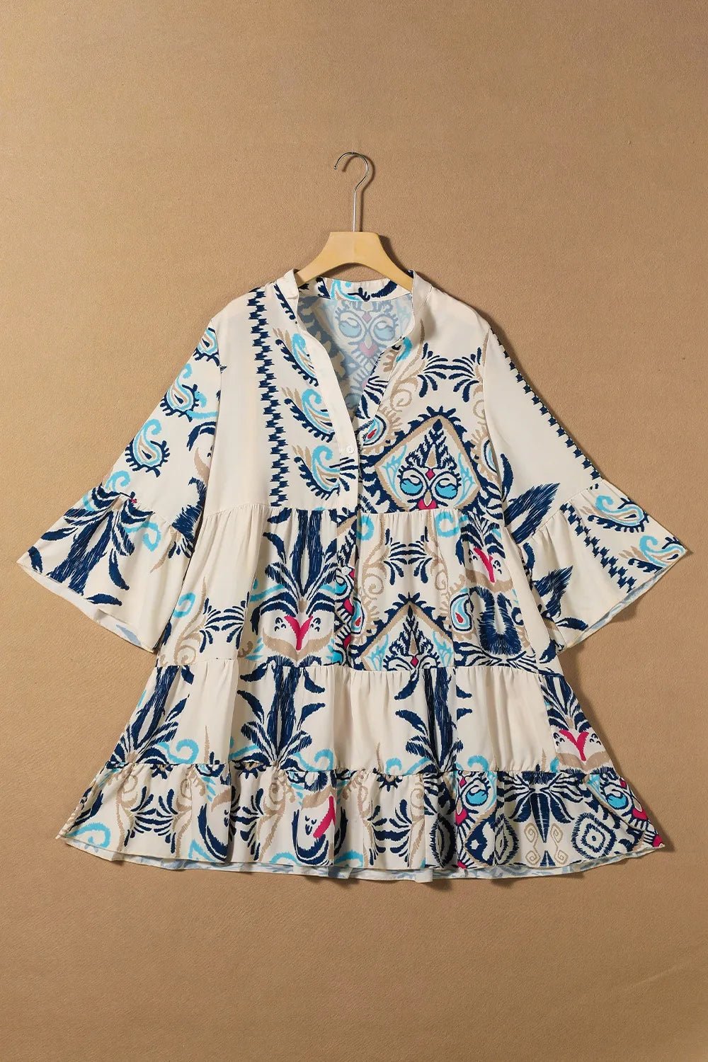 Printed Notched Three-Quarter Sleeve Mini Dress - Lara Moda