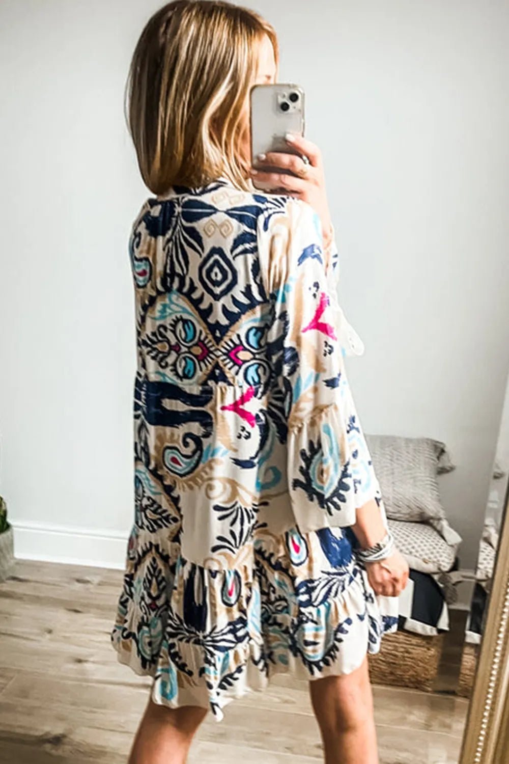 Printed Notched Three-Quarter Sleeve Mini Dress - Lara Moda