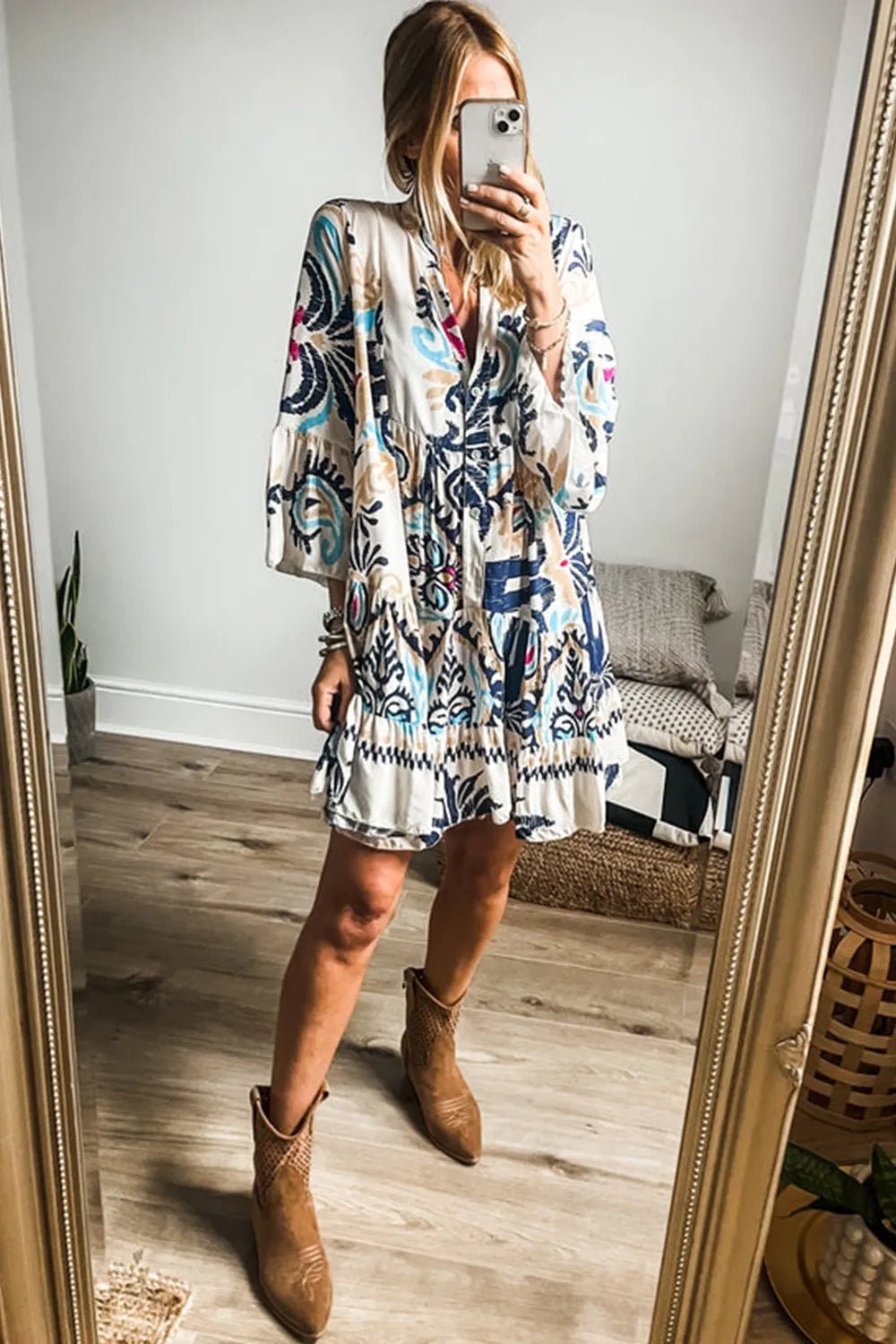 Printed Notched Three-Quarter Sleeve Mini Dress - Lara Moda