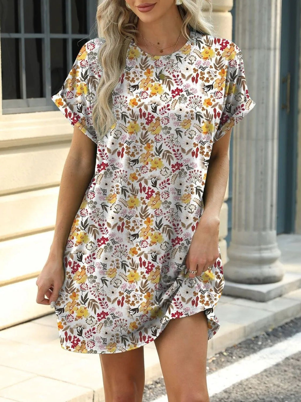 Printed Round Neck Short Sleeve Mini Dress - Lara-moda store