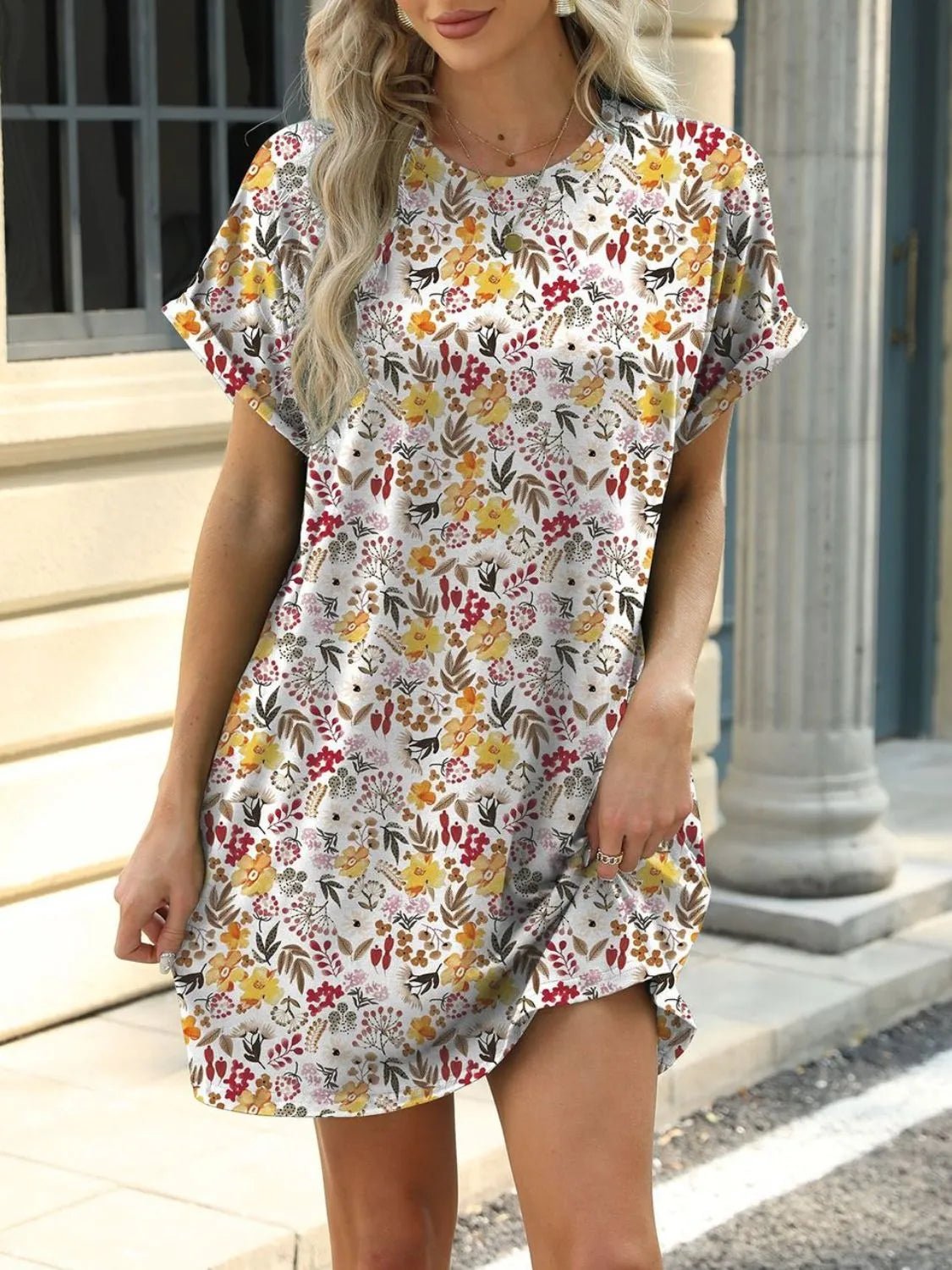 Printed Round Neck Short Sleeve Mini Dress - Lara-moda store