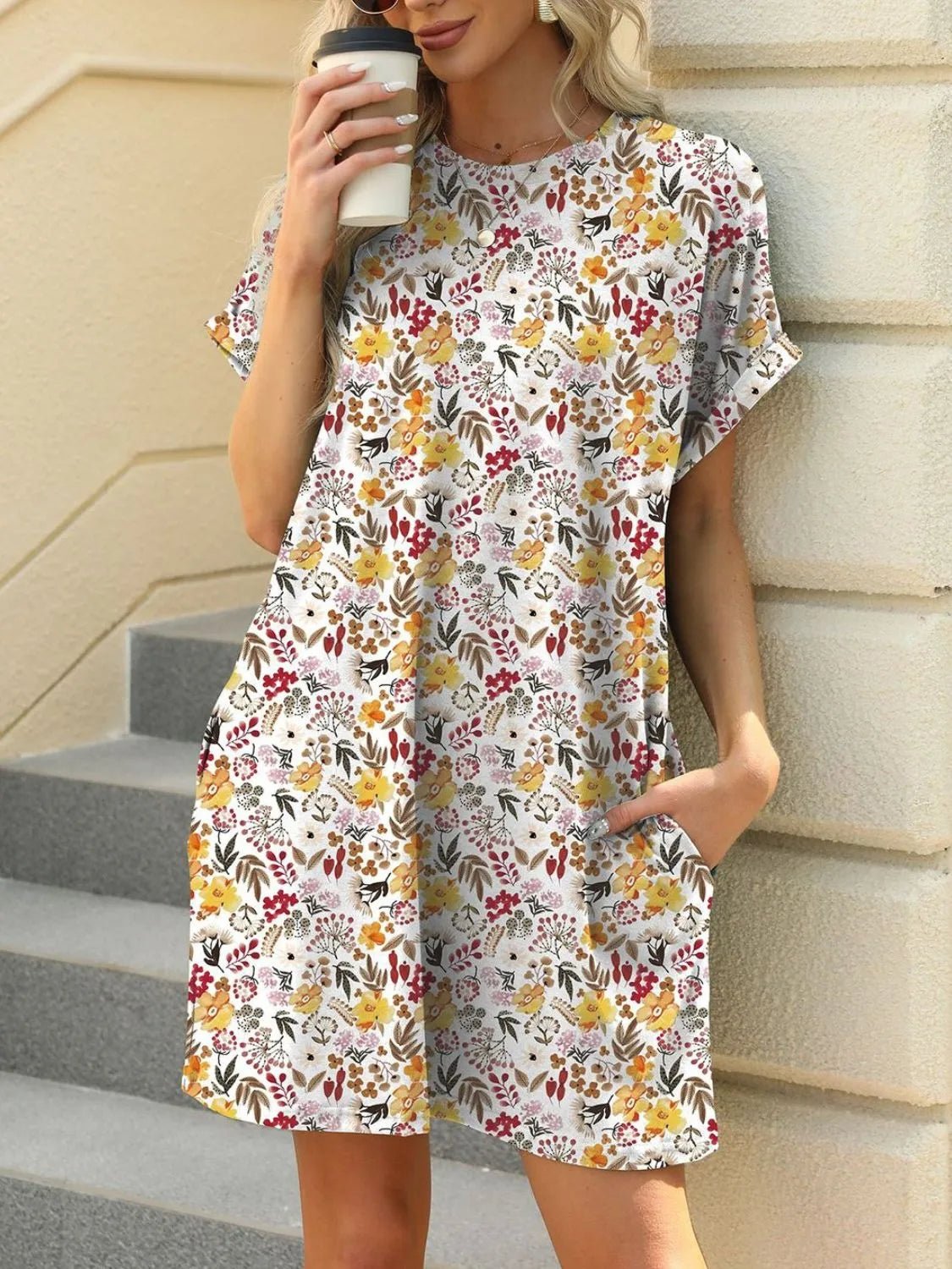 Printed Round Neck Short Sleeve Mini Dress - Lara-moda store