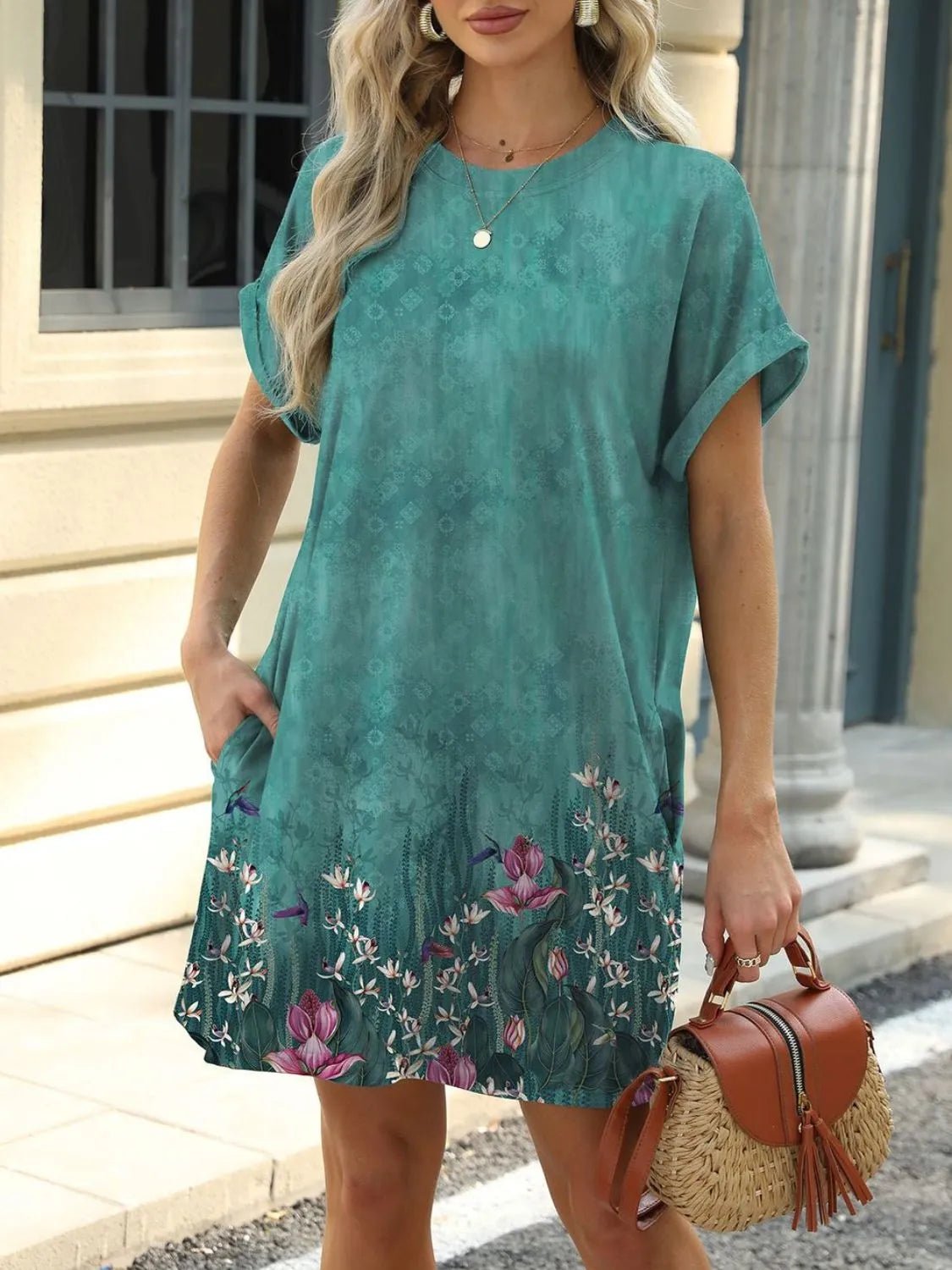 Printed Round Neck Short Sleeve Mini Dress - Lara-moda store