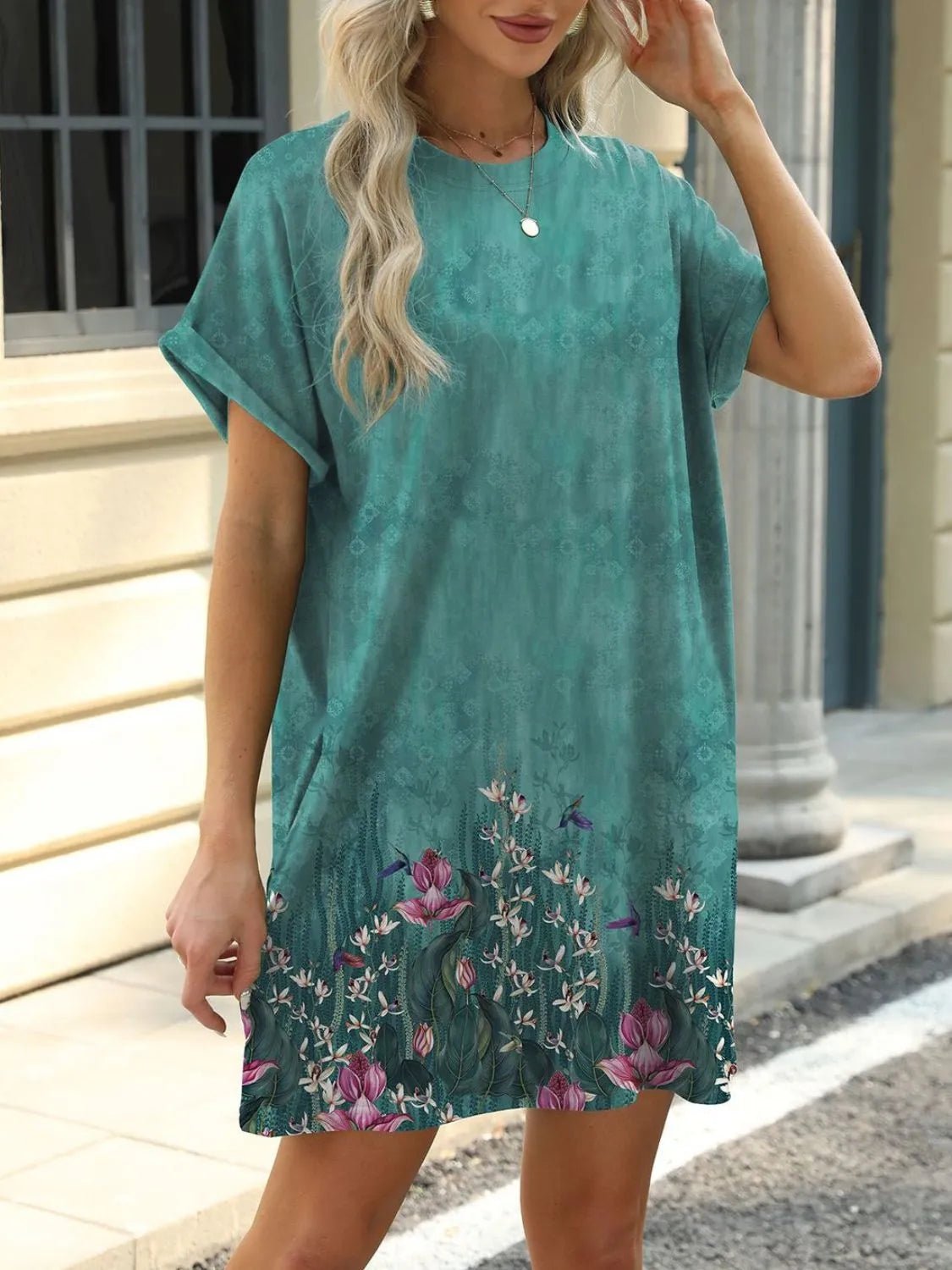 Printed Round Neck Short Sleeve Mini Dress - Lara-moda store