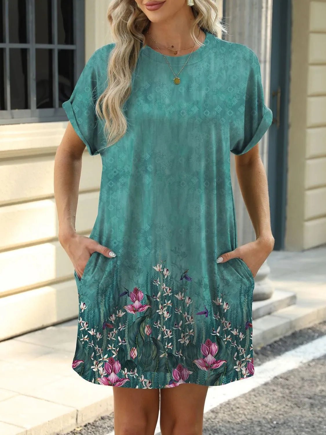 Printed Round Neck Short Sleeve Mini Dress - Lara-moda store