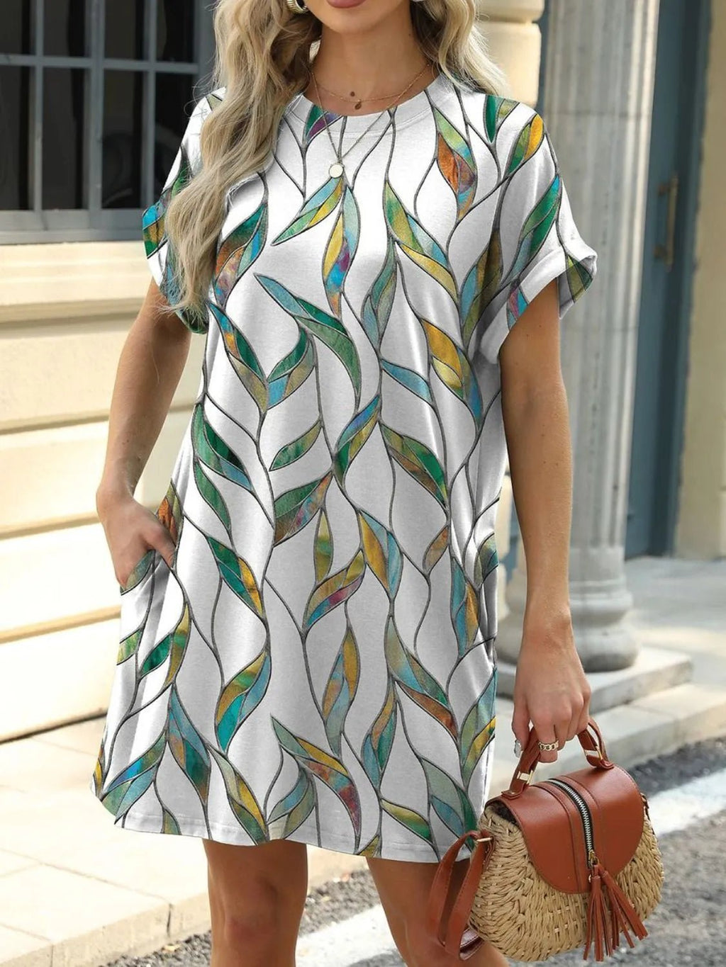 Printed Round Neck Short Sleeve Mini Dress - Lara-moda store