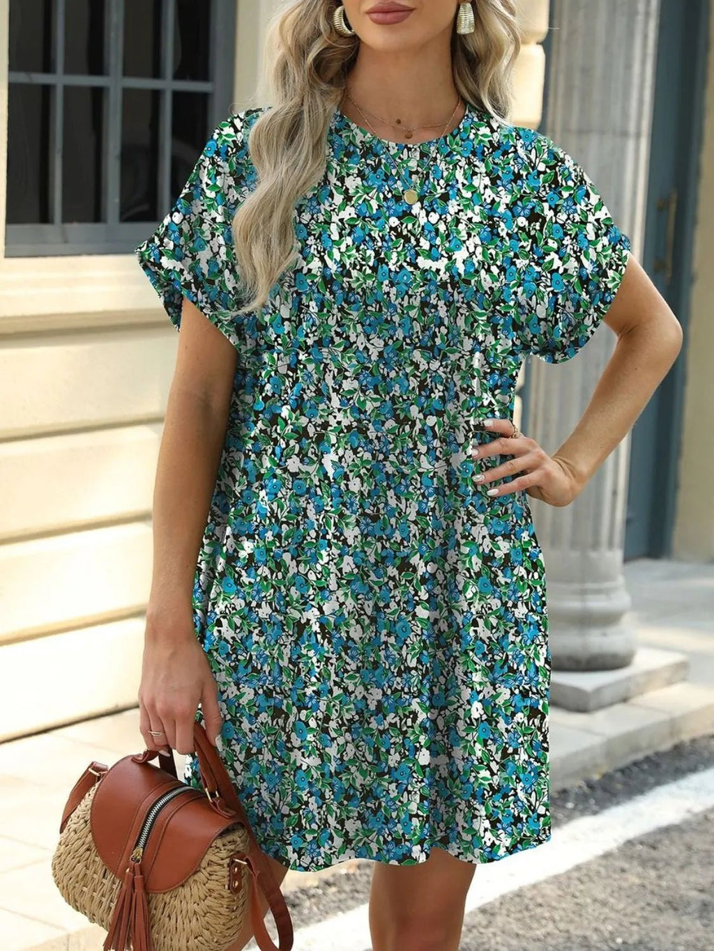 Printed Round Neck Short Sleeve Mini Dress - Lara-moda store