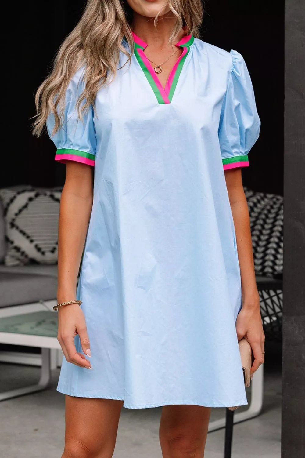 Puff Sleeve Mini Dress with Contrast Trim - Lara Moda
