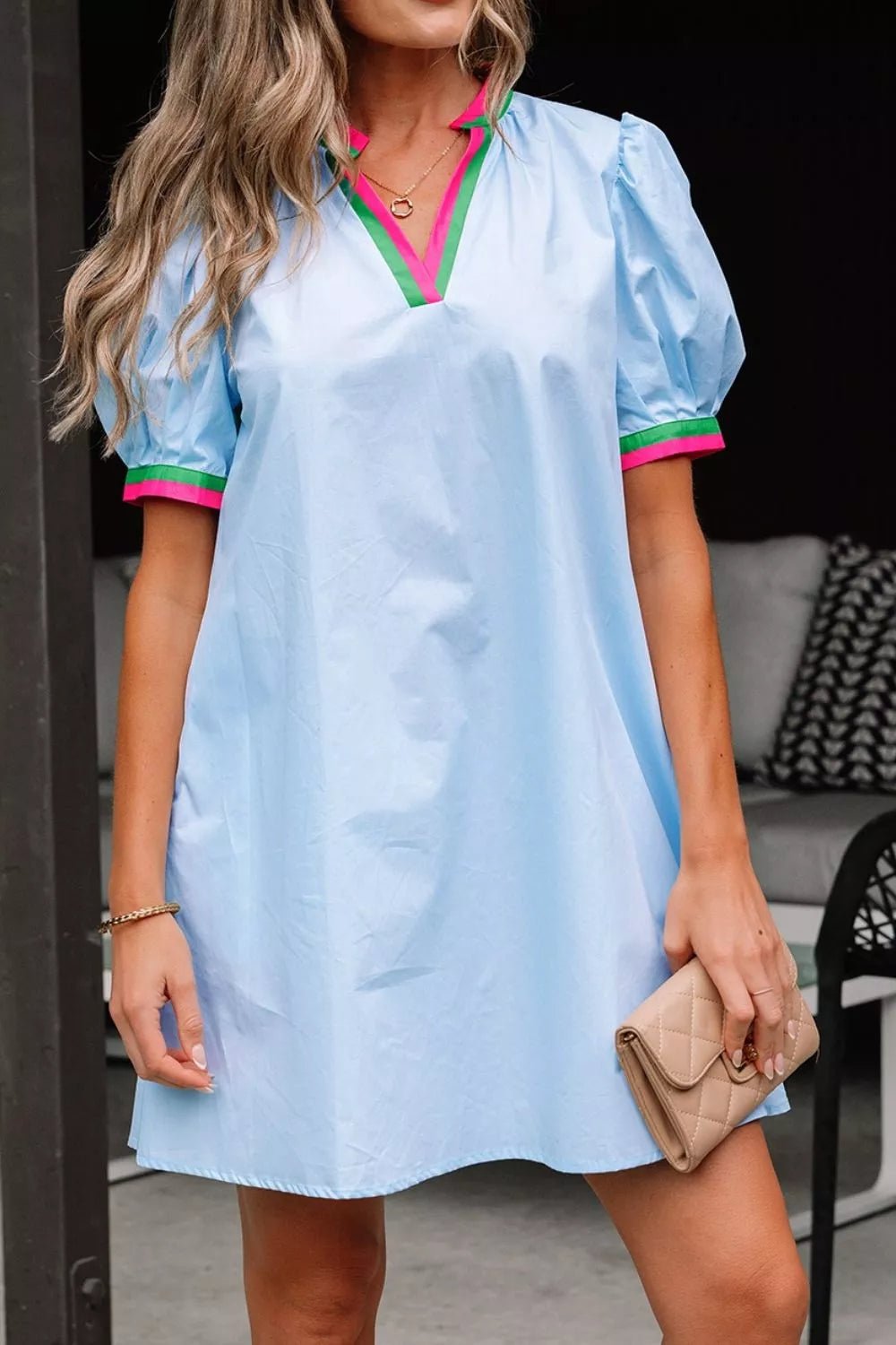 Puff Sleeve Mini Dress with Contrast Trim - Lara Moda