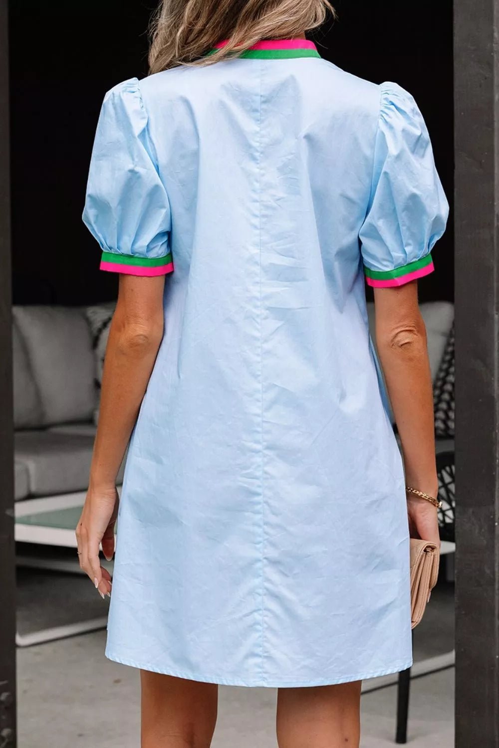 Puff Sleeve Mini Dress with Contrast Trim - Lara Moda