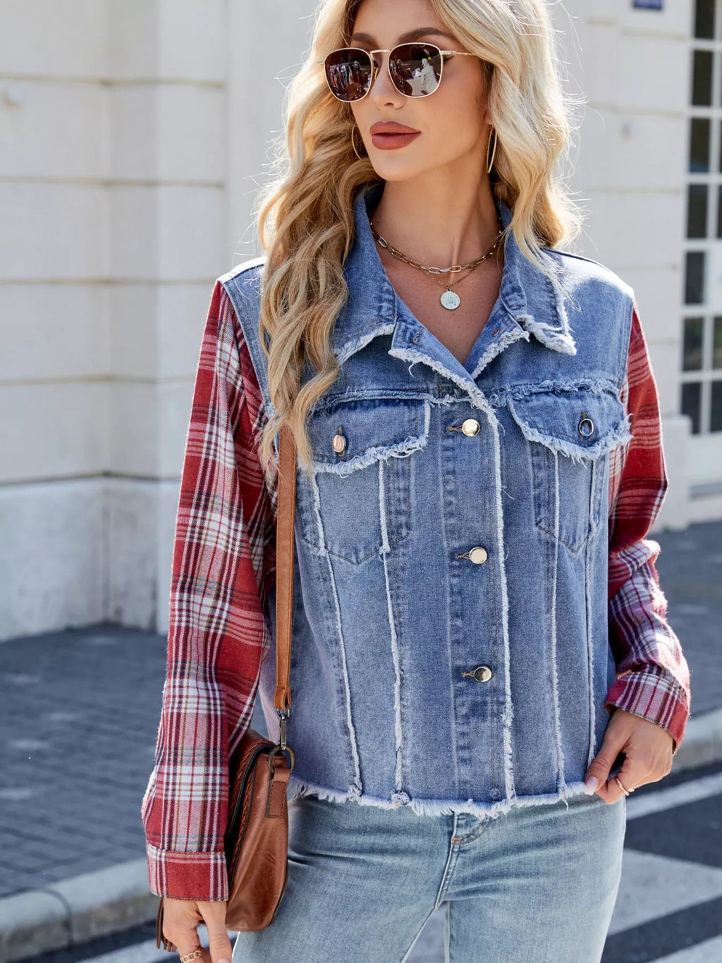 Raw Hem Plaid Sleeve Denim Jacket - Lara Moda