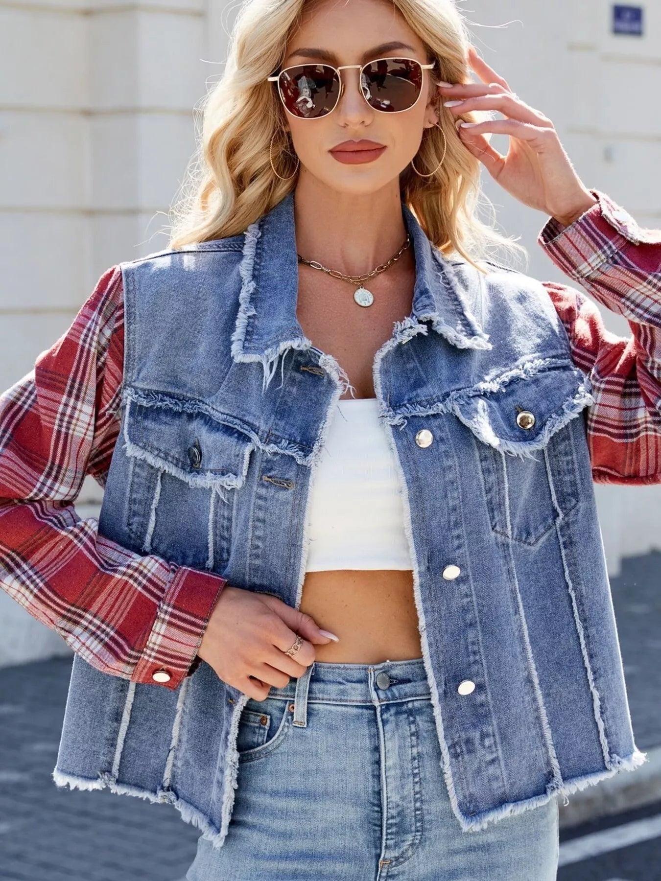 Raw Hem Plaid Sleeve Denim Jacket - Lara Moda