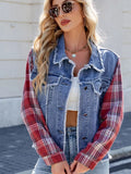Raw Hem Plaid Sleeve Denim Jacket - Lara Moda