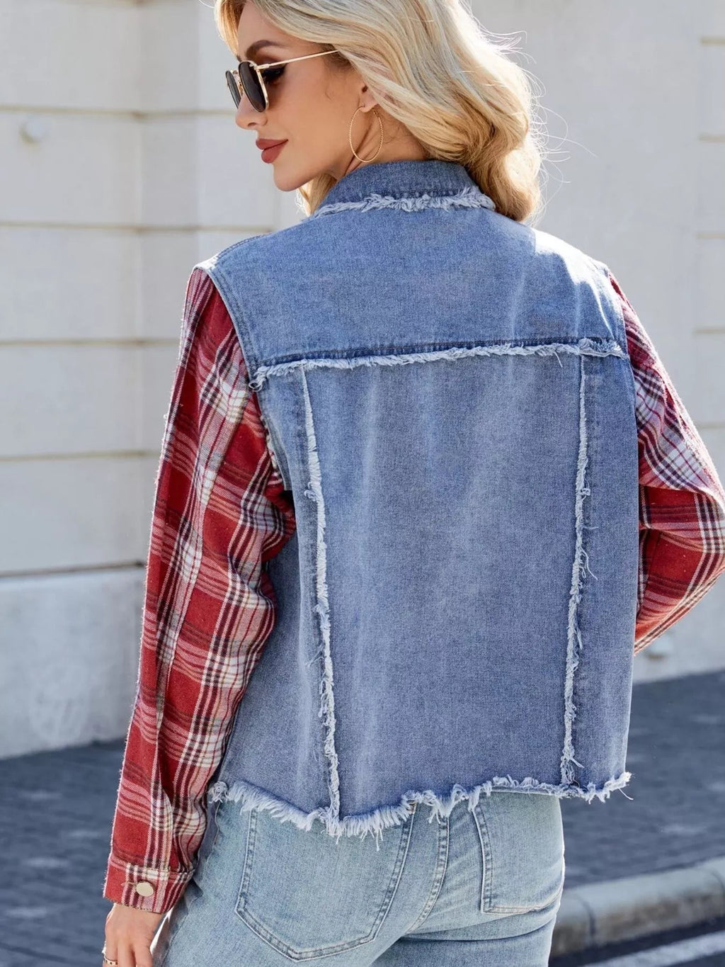 Raw Hem Plaid Sleeve Denim Jacket - Lara Moda