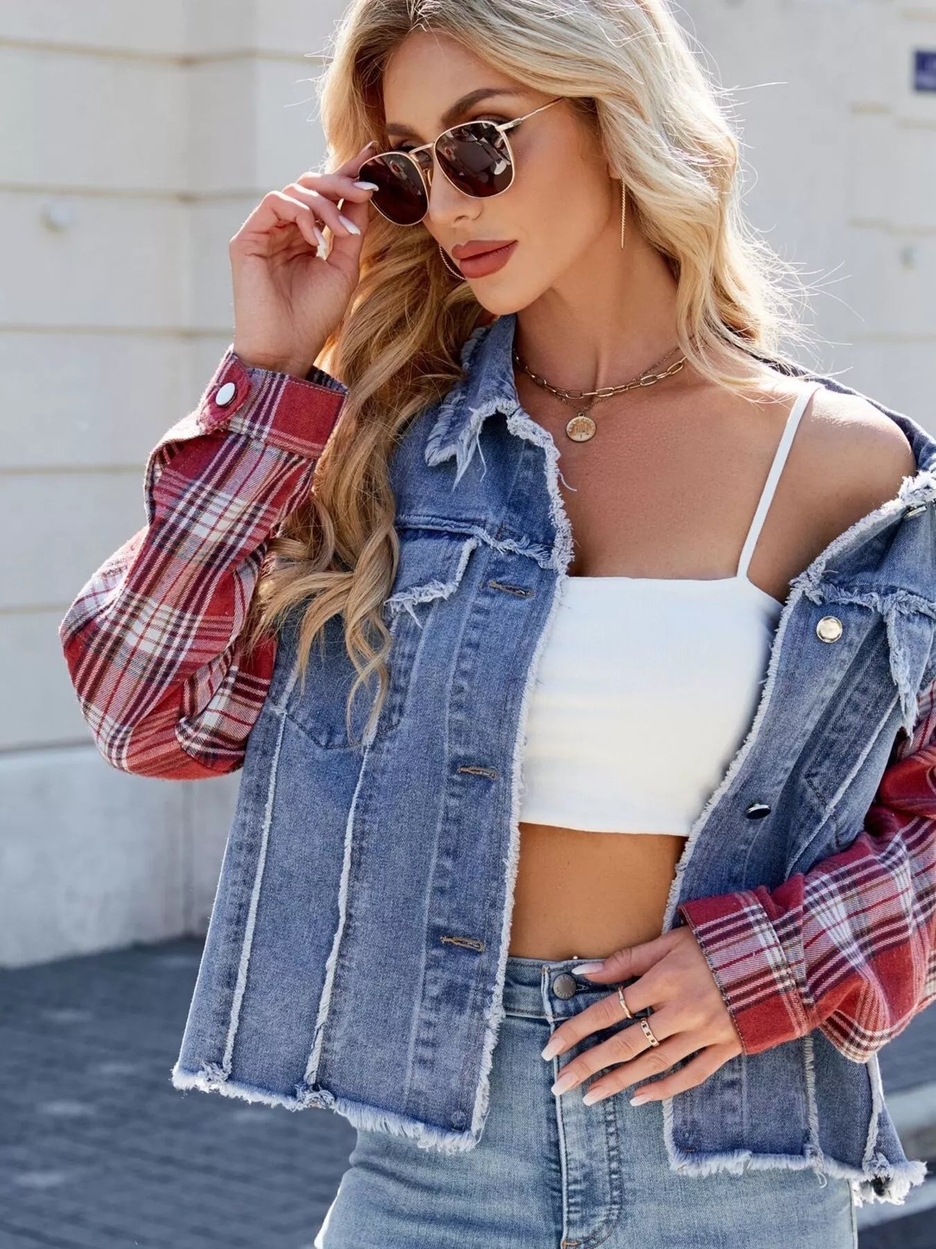 Raw Hem Plaid Sleeve Denim Jacket - Lara Moda