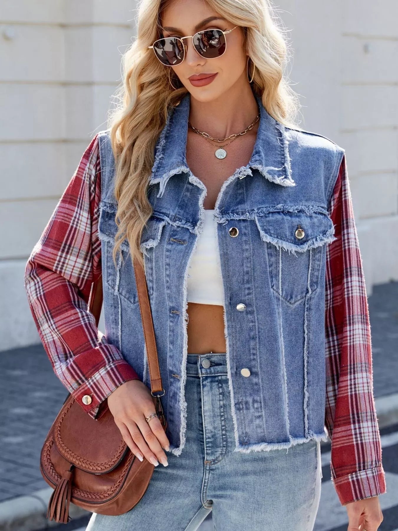 Raw Hem Plaid Sleeve Denim Jacket - Lara Moda