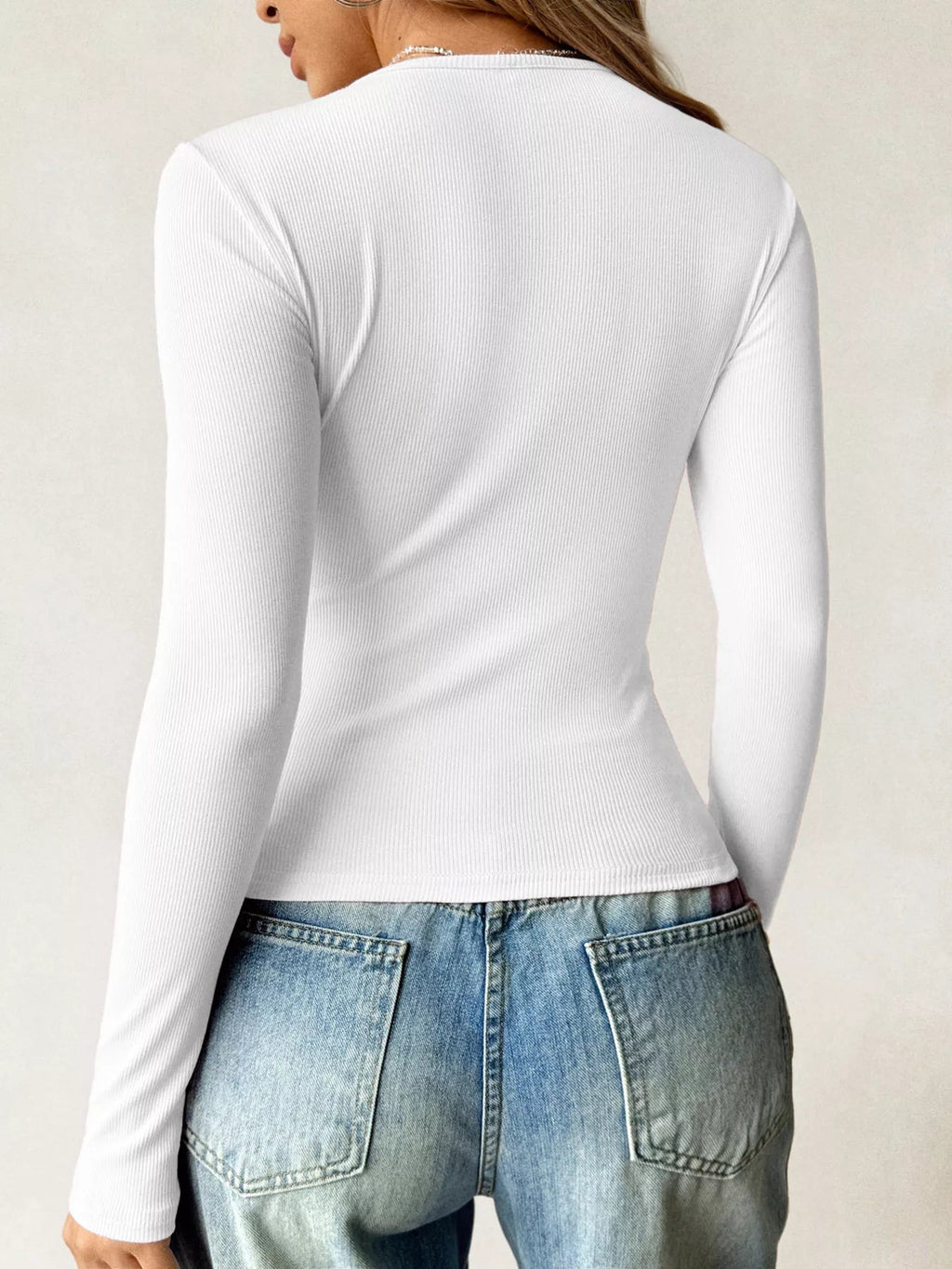 Ribbed Knit Long Sleeve Fitted T-Shirt - Lara Moda