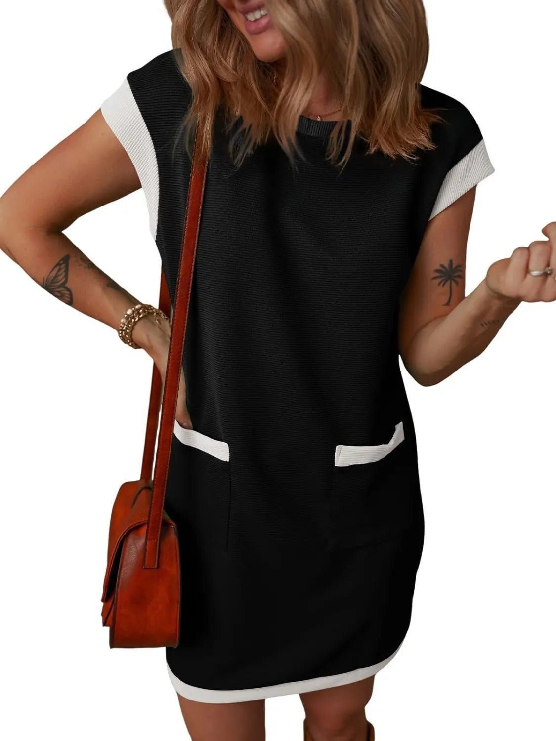 Round Neck Cap Sleeve Mini Dress - Lara-moda store