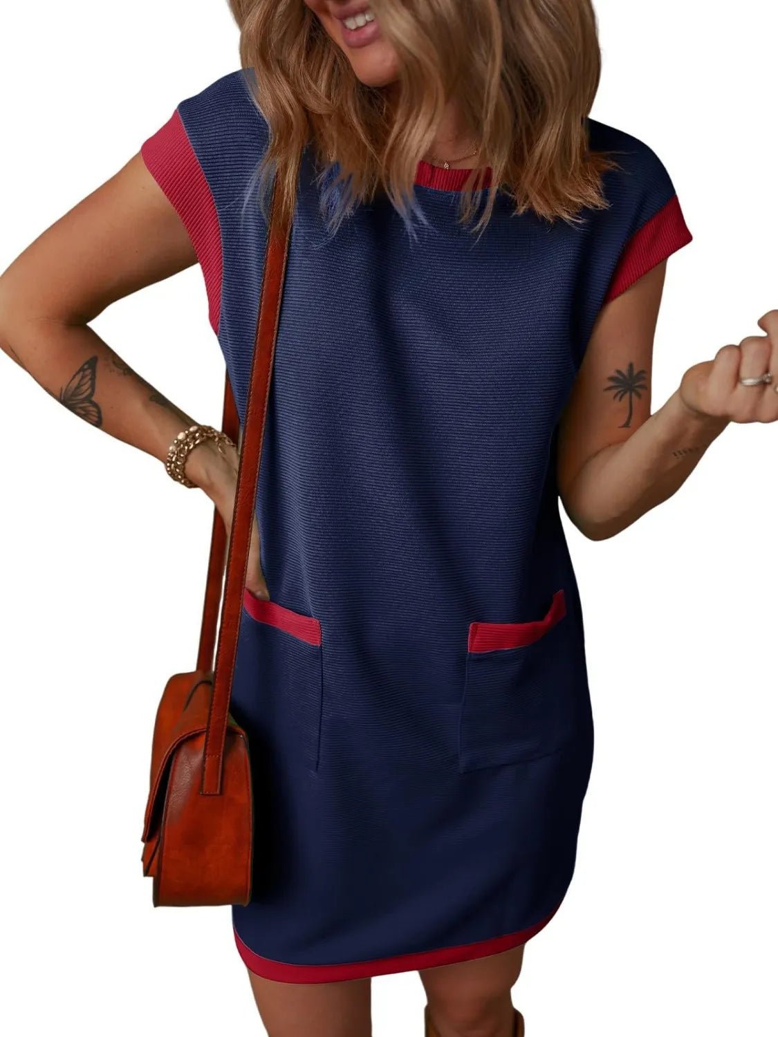 Round Neck Cap Sleeve Mini Dress - Lara-moda store