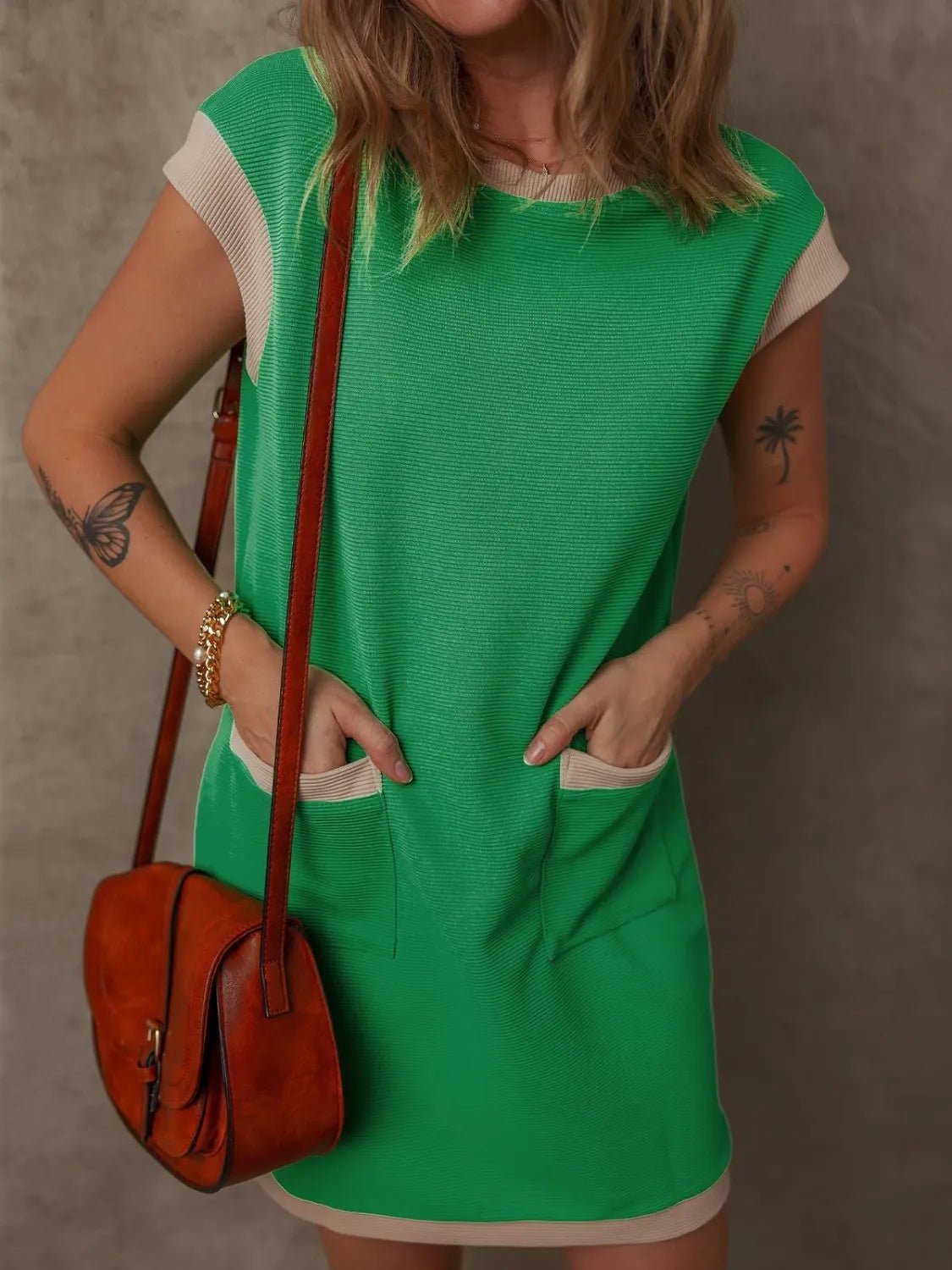 Round Neck Cap Sleeve Mini Dress - Lara-moda store