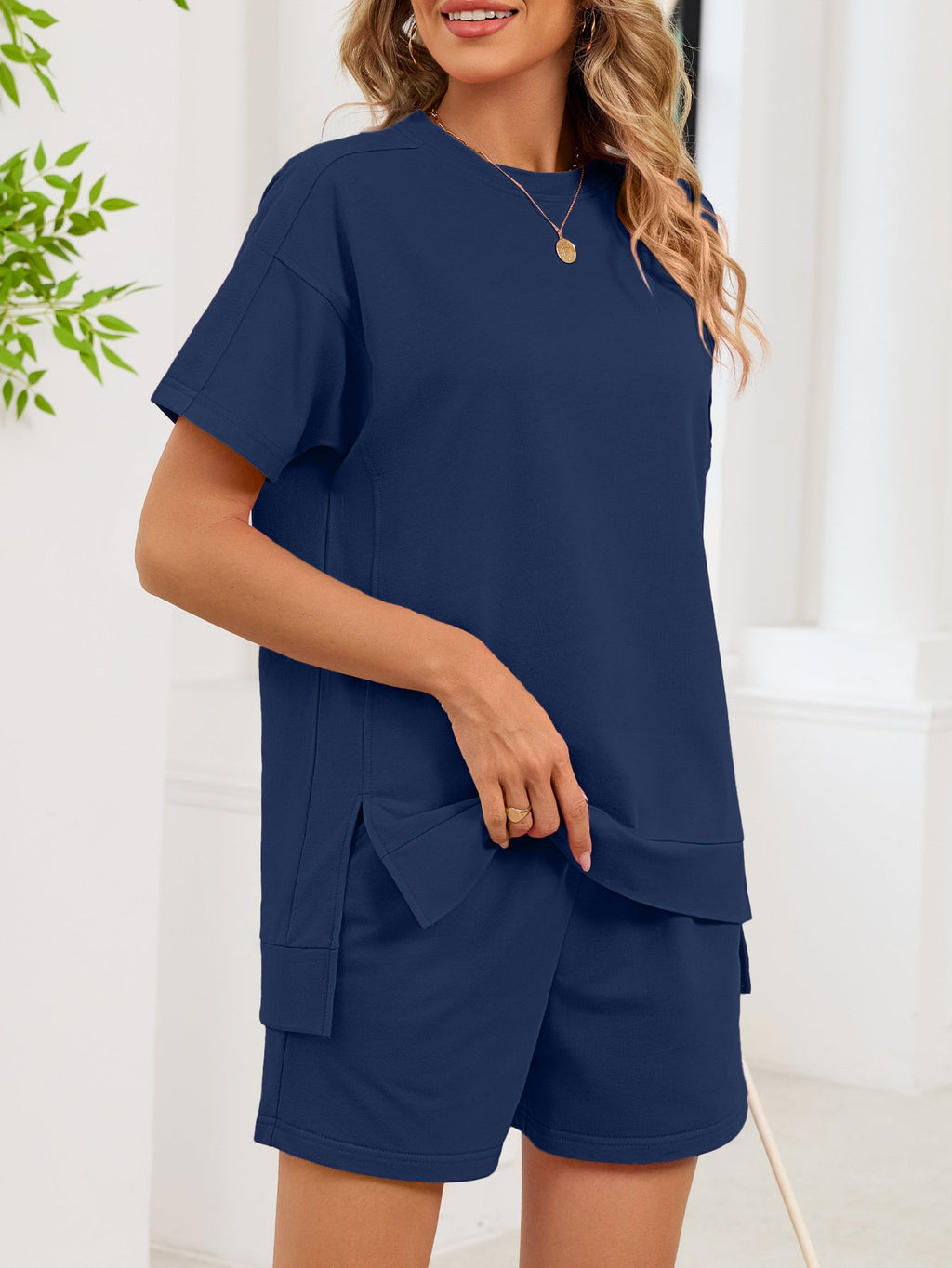 Round Neck Short Sleeve T-Shirt and Shorts Set - Lara Moda