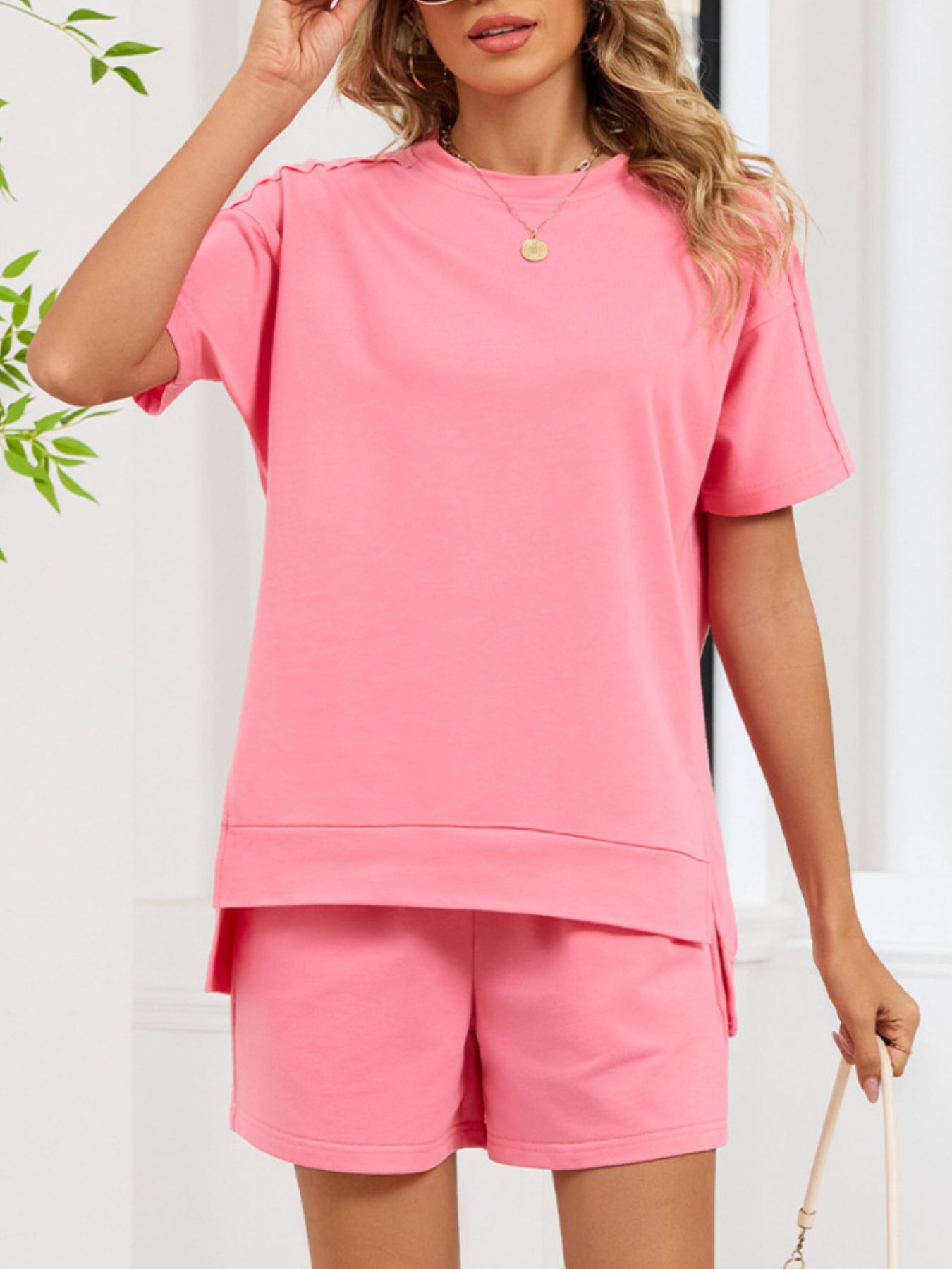 Round Neck Short Sleeve T-Shirt and Shorts Set - Lara Moda
