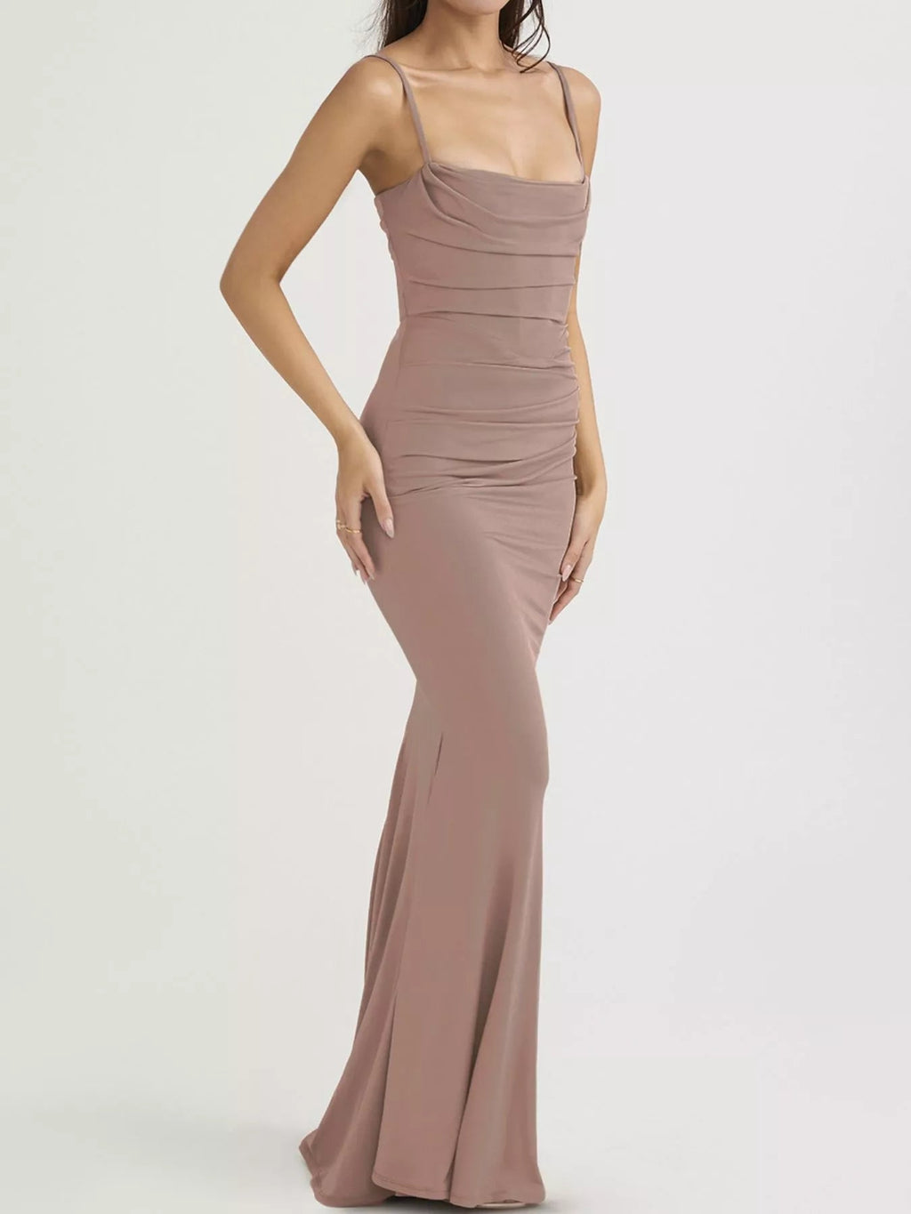 Ruched Spaghetti Strap Bodycon Maxi Dress - Lara Moda