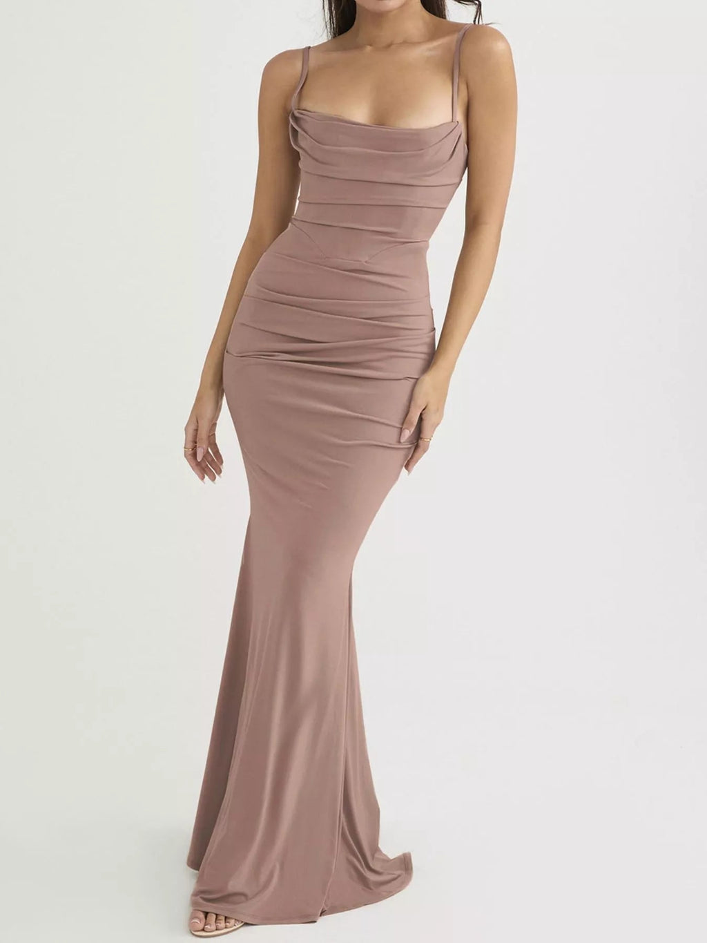 Ruched Spaghetti Strap Bodycon Maxi Dress - Lara Moda
