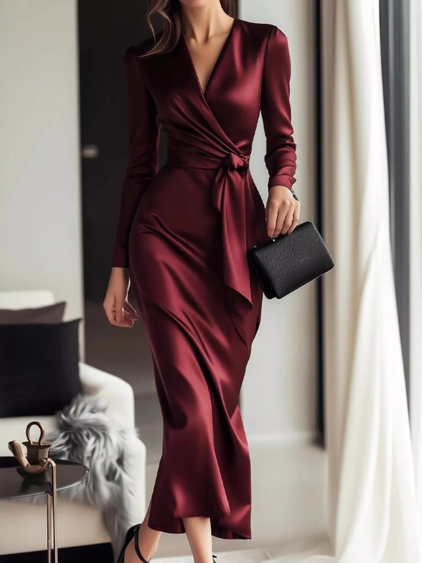Satin Wrap Long Sleeve Midi Dress - Lara Moda