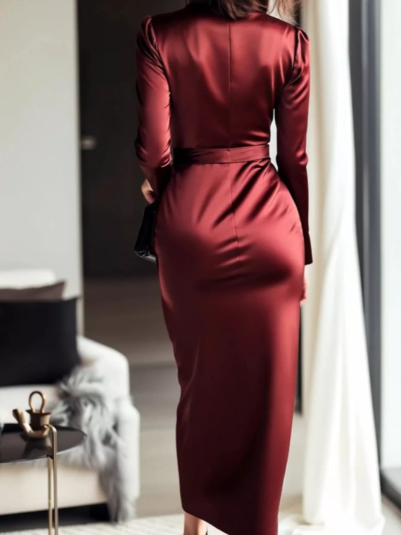 Satin Wrap Long Sleeve Midi Dress - Lara Moda
