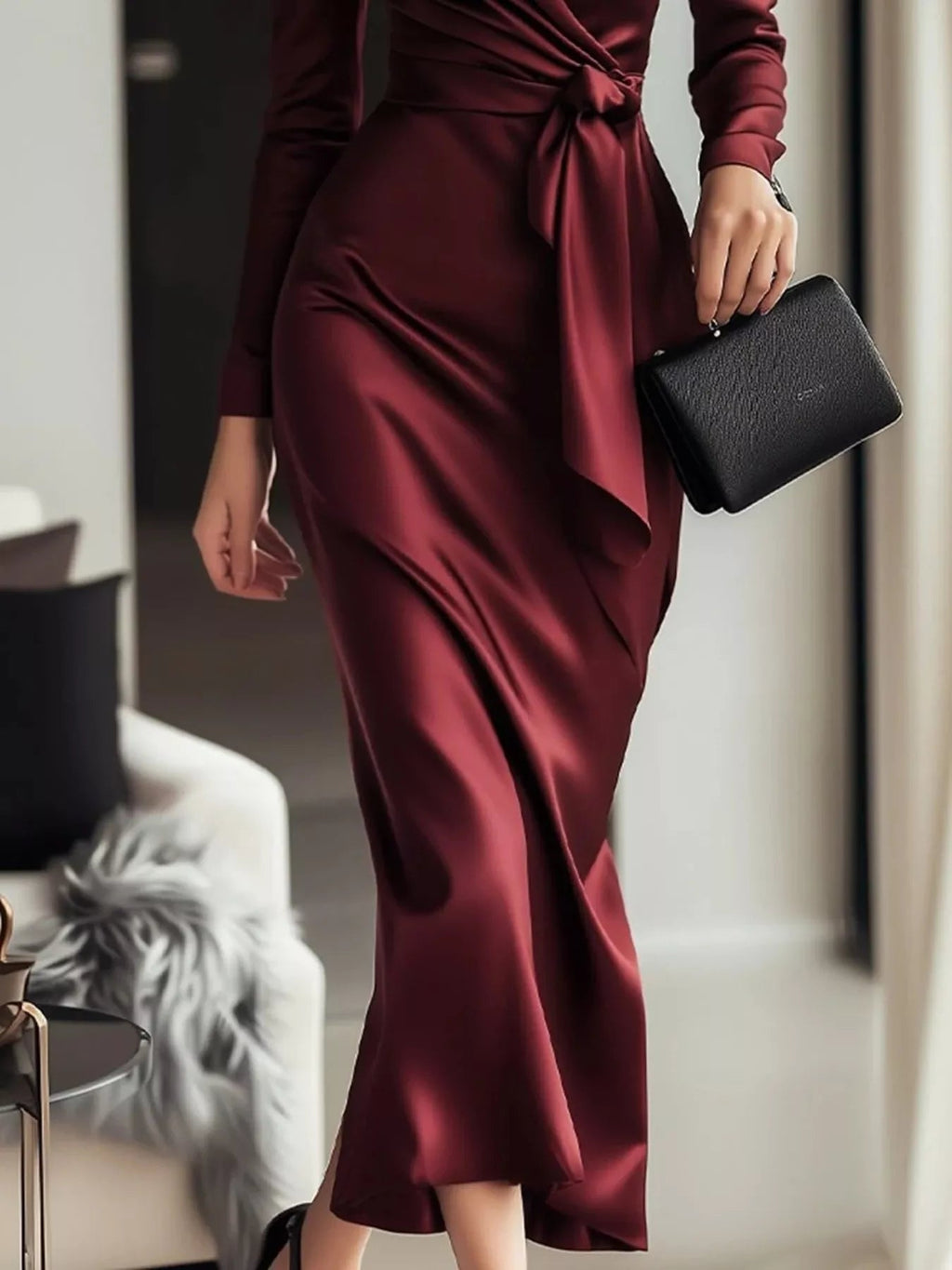 Satin Wrap Long Sleeve Midi Dress - Lara Moda