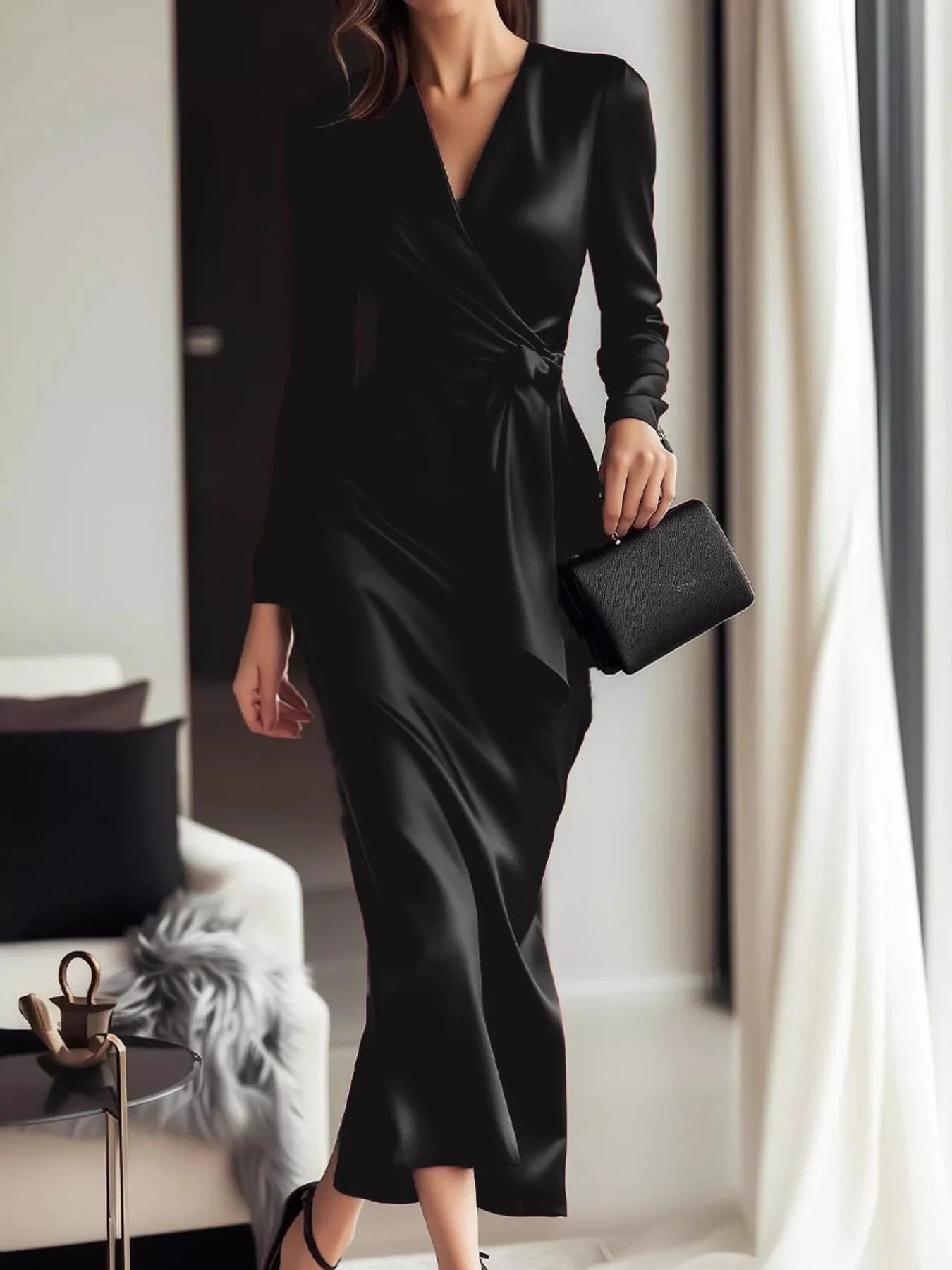 Satin Wrap Long Sleeve Midi Dress - Lara Moda