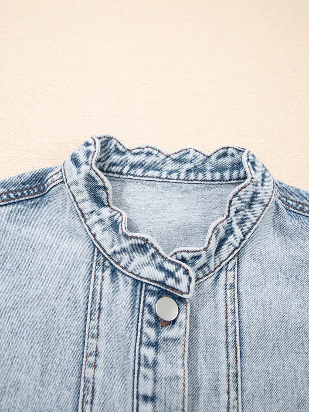 Scalloped Trim Patch Pocket Button Front Denim Vest - Lara Moda