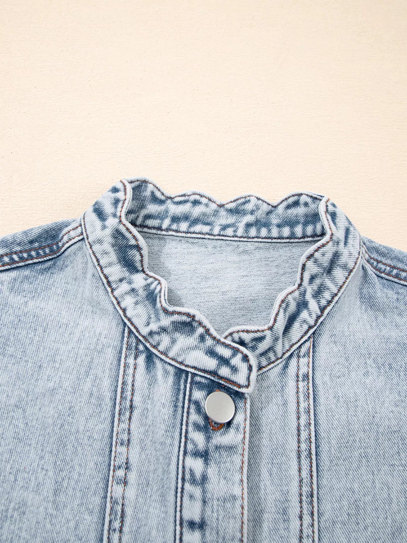 Scalloped Trim Patch Pocket Button Front Denim Vest - Lara Moda