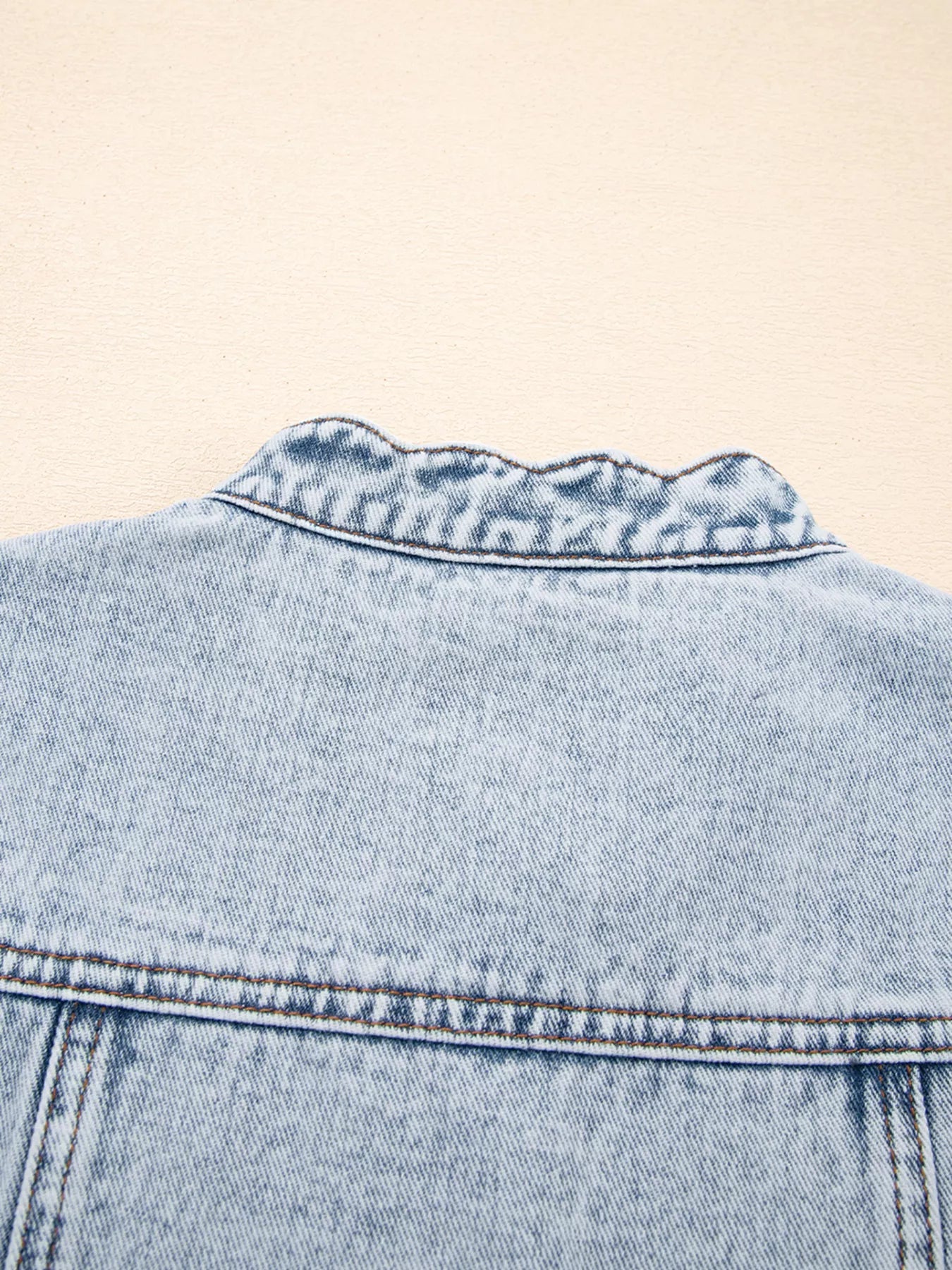 Scalloped Trim Patch Pocket Button Front Denim Vest - Lara Moda