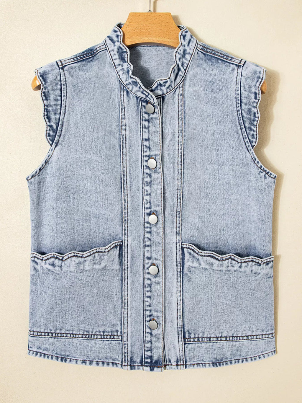 Scalloped Trim Patch Pocket Button Front Denim Vest - Lara Moda