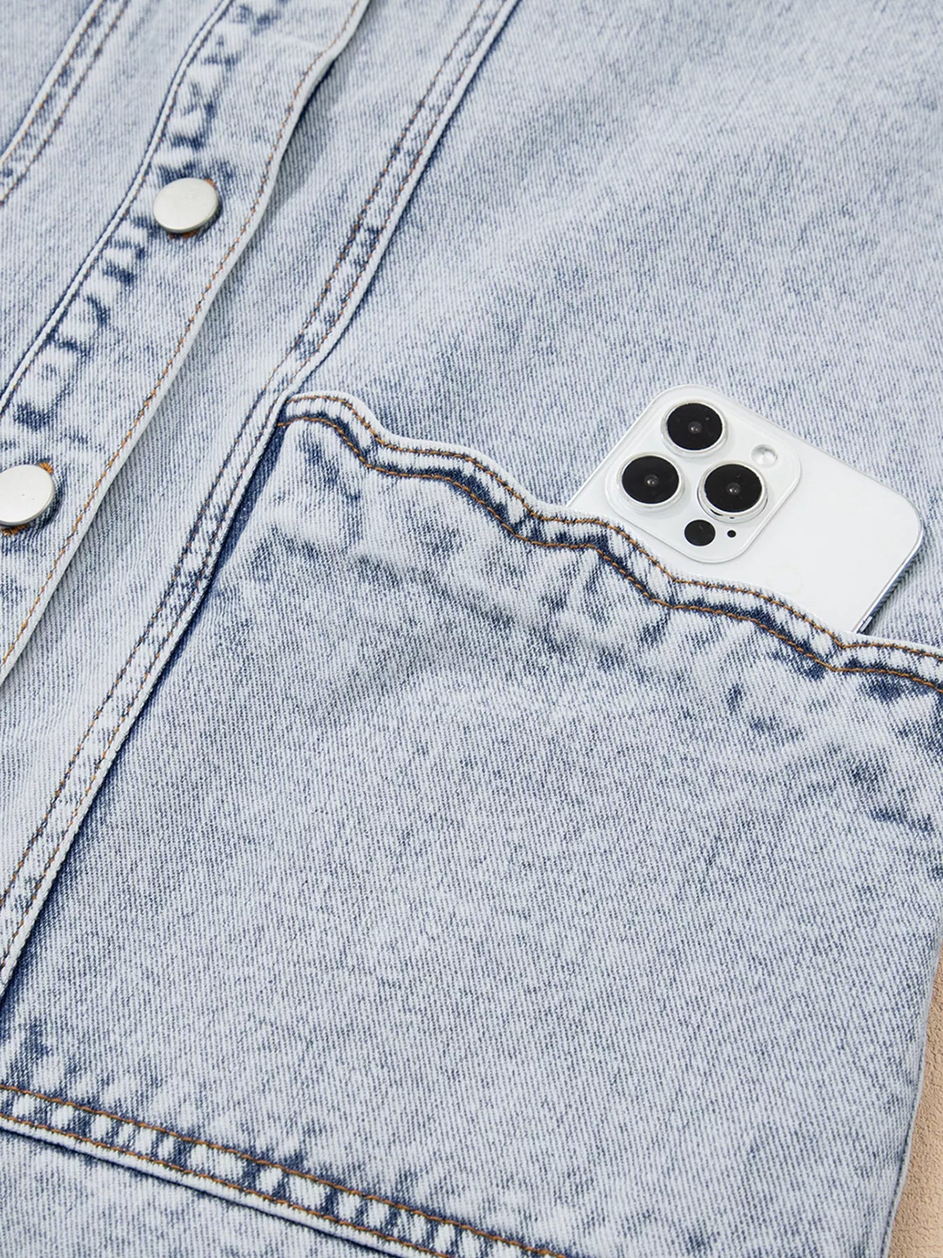 Scalloped Trim Patch Pocket Button Front Denim Vest - Lara Moda