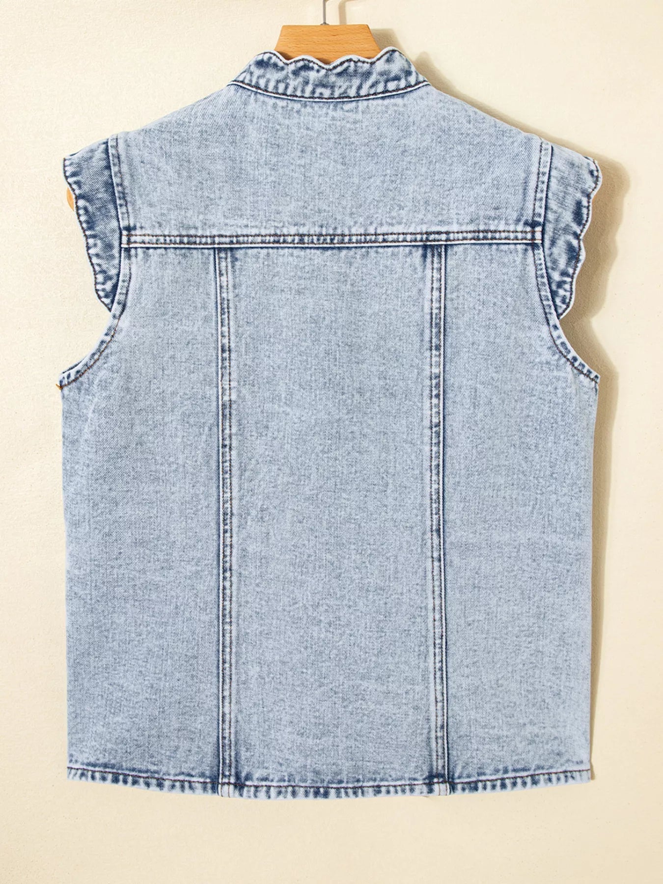 Scalloped Trim Patch Pocket Button Front Denim Vest - Lara Moda