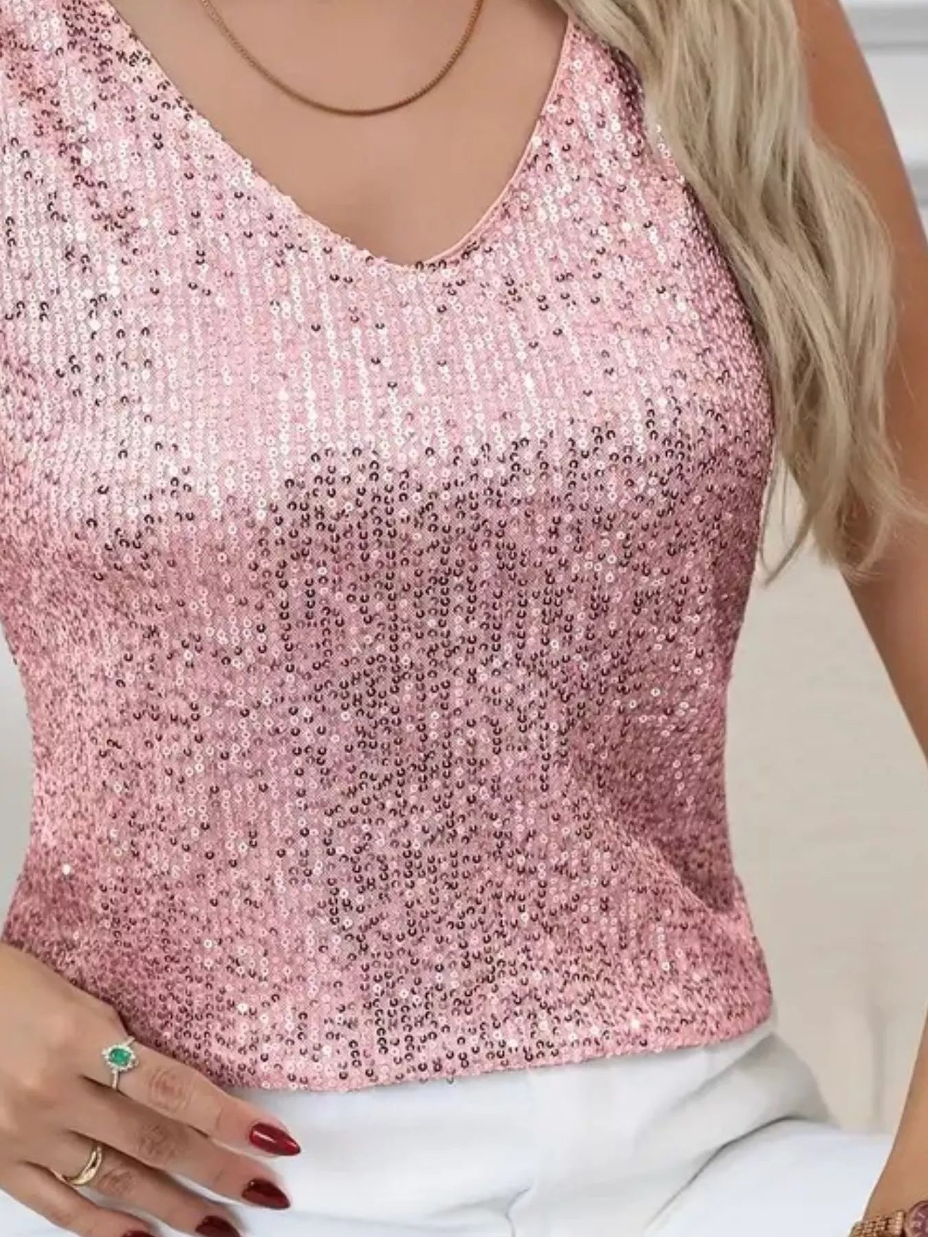Sequin V-Neck Tank Top - Lara Moda
