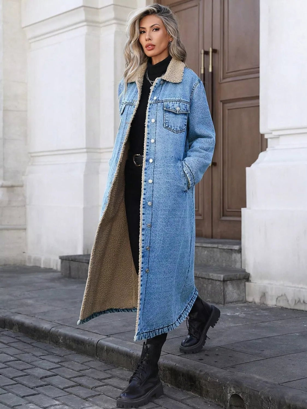 Sherpa Lined Longline Denim Jacket - Lara Moda