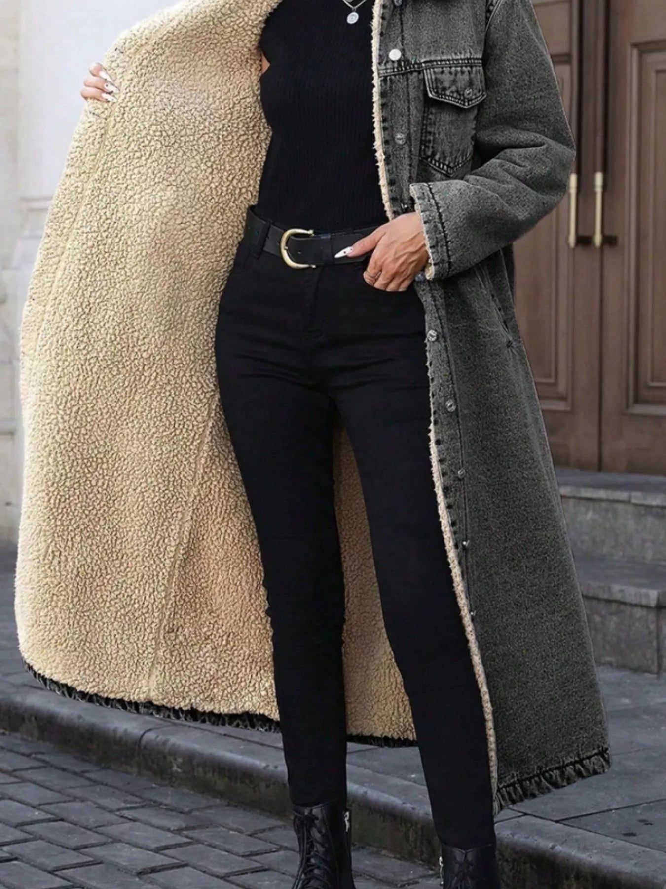 Sherpa Lined Longline Denim Jacket - Lara Moda